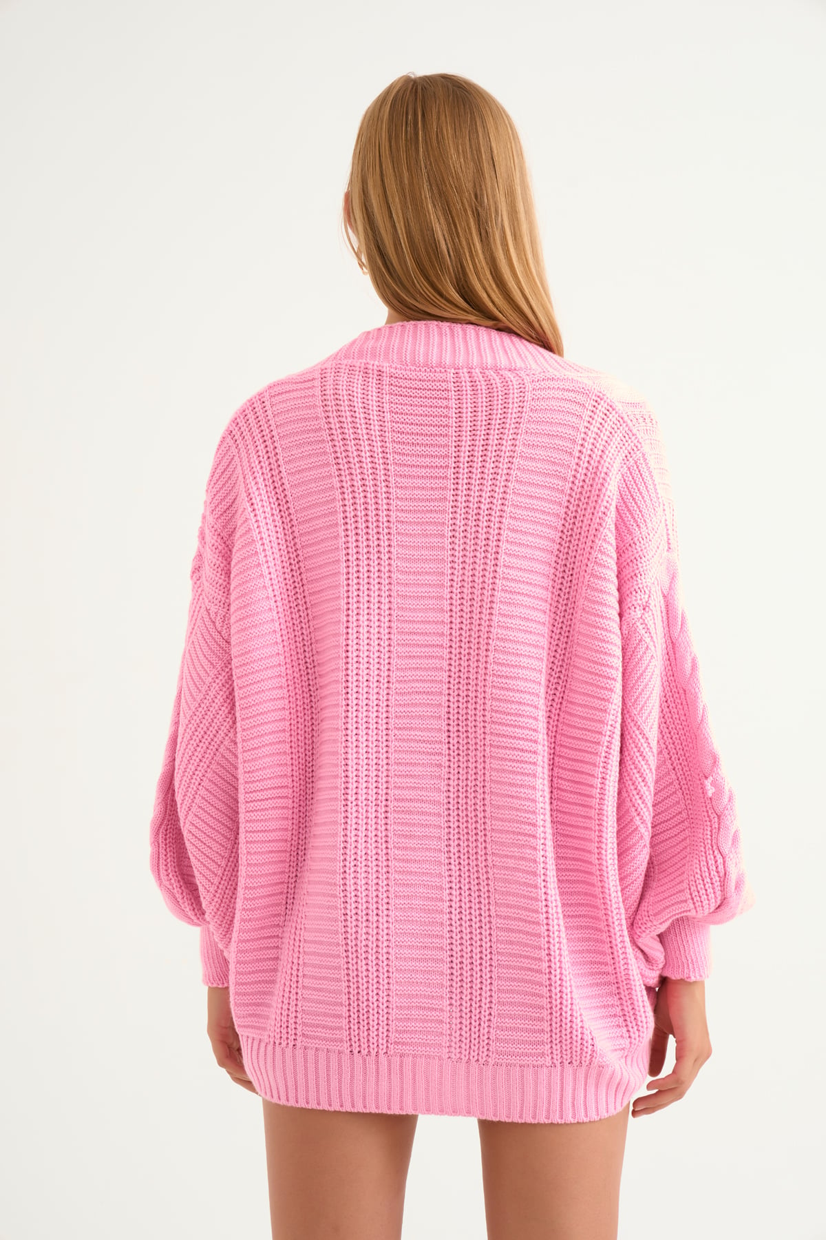 Düğmeli oversize triko hırka-PEMBE