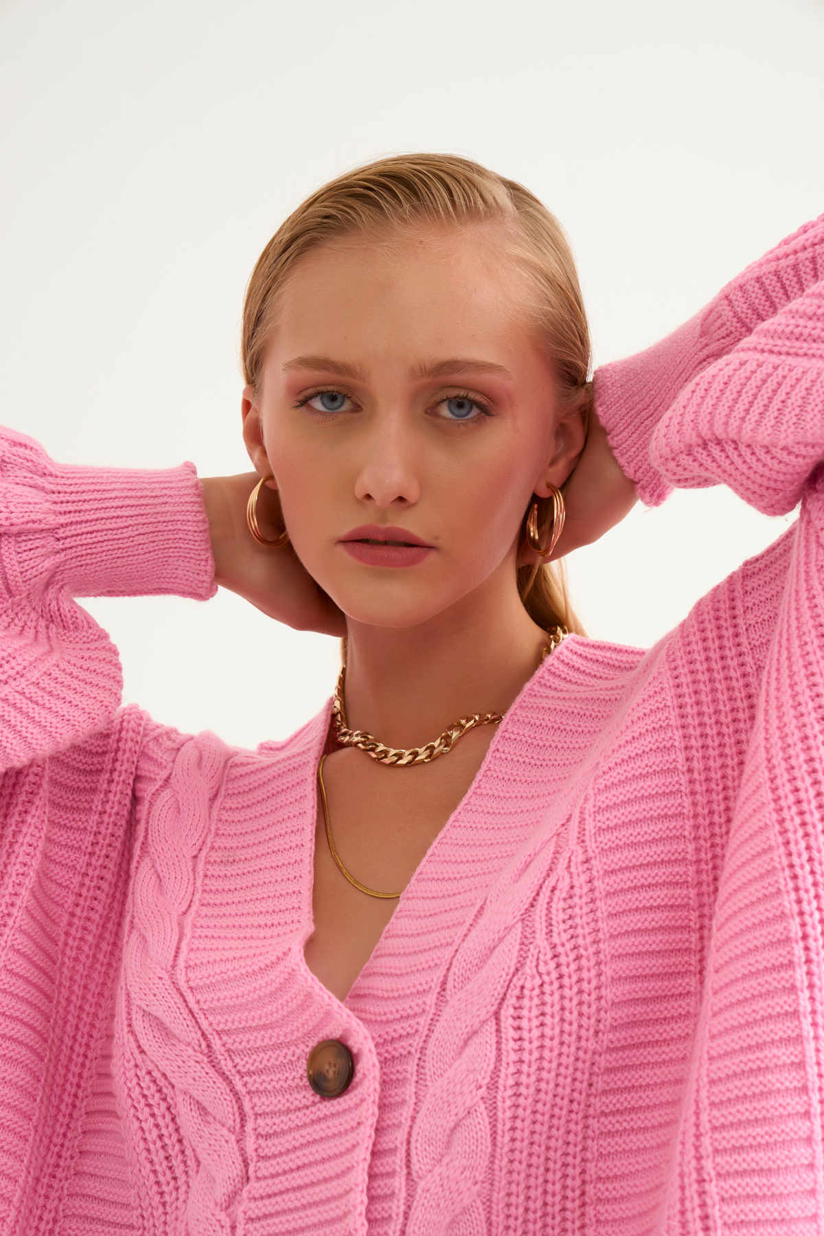 Düğmeli oversize triko hırka-PEMBE