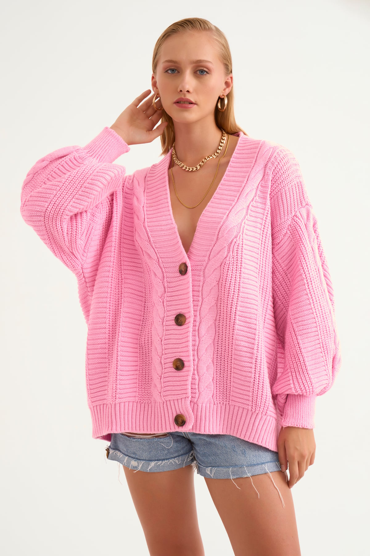Düğmeli oversize triko hırka-PEMBE