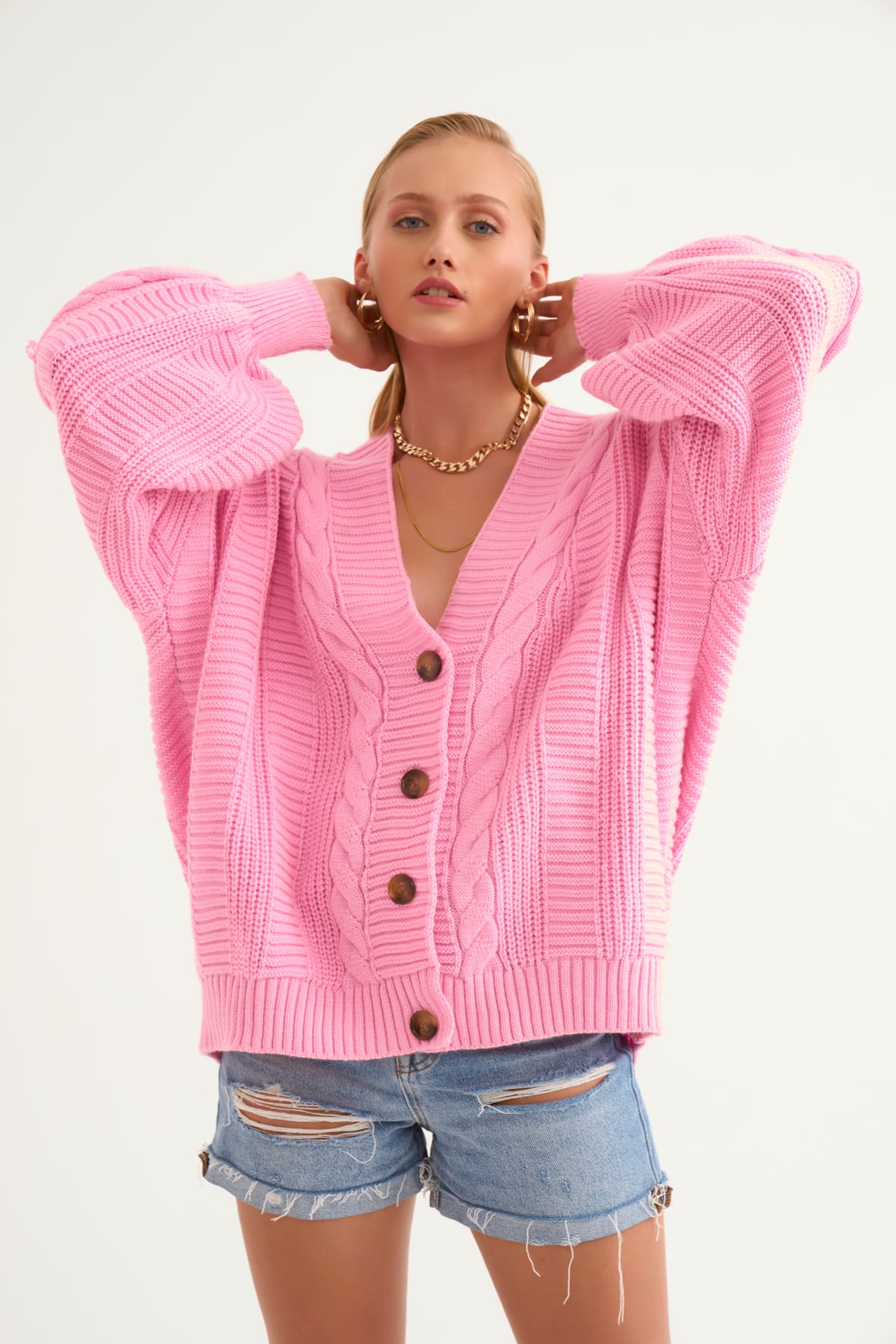 Düğmeli oversize triko hırka-PEMBE