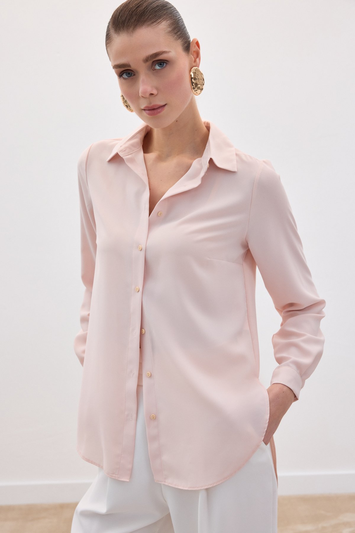 Düz Klasik Gömlek - Pudra