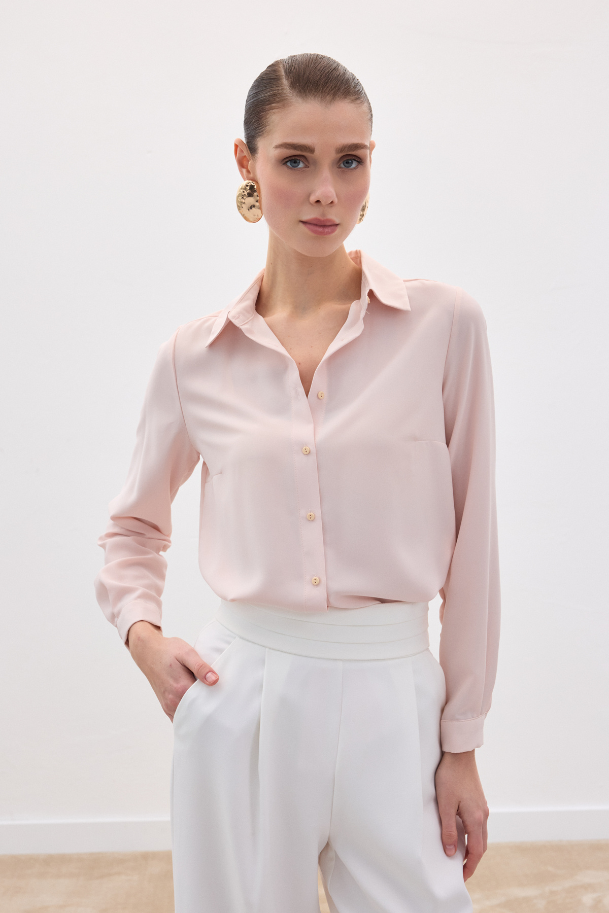 Düz Klasik Gömlek - Pudra