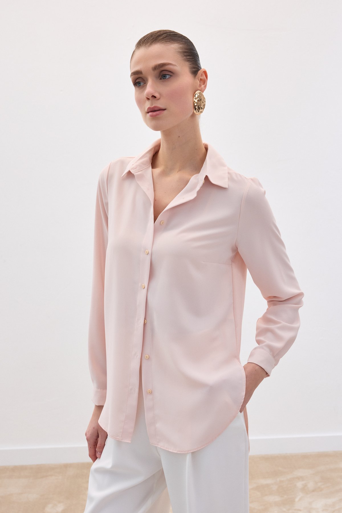 Düz Klasik Gömlek - Pudra