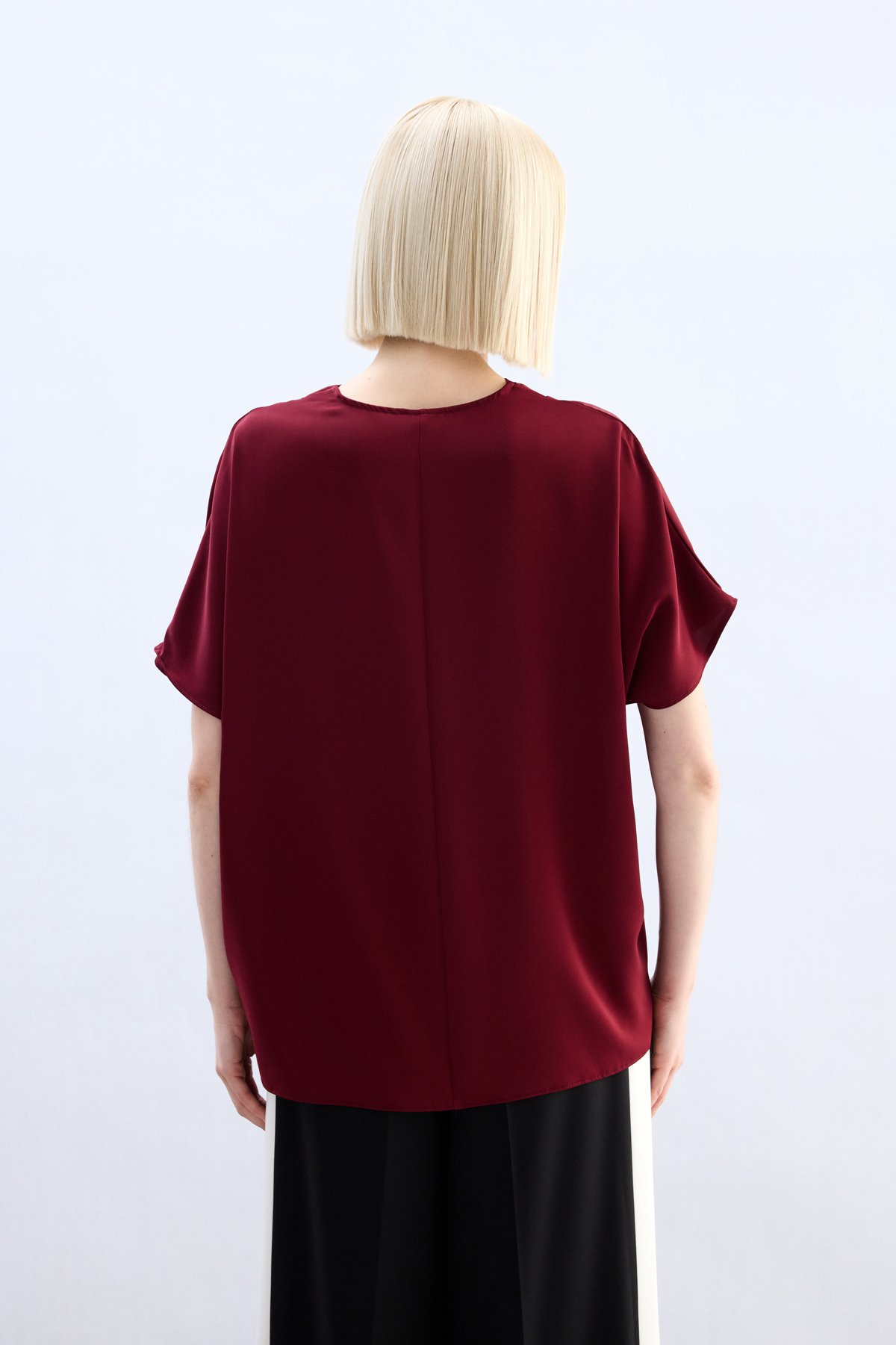 Geniş Kısa Kollu Bluz - Bordo