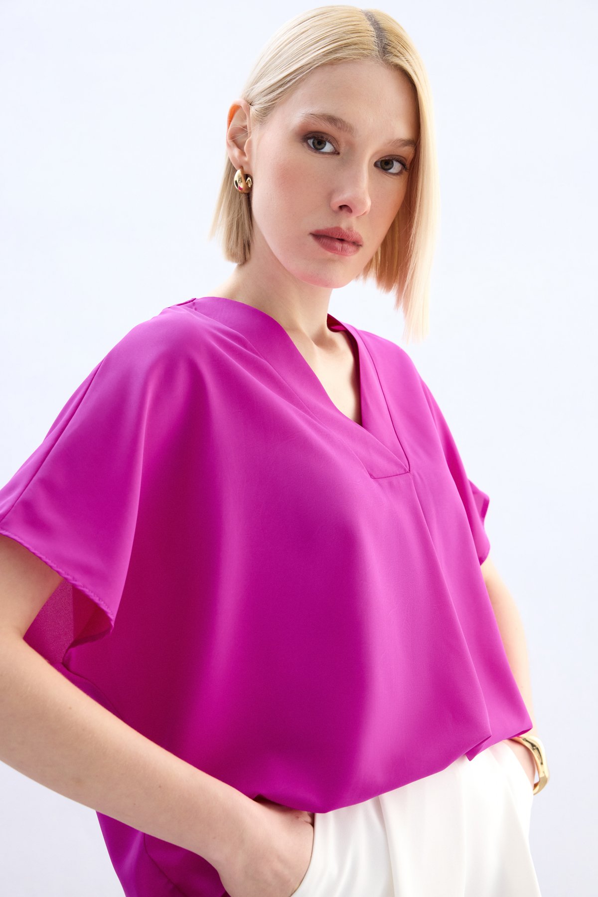 Geniş Kısa Kollu Bluz - Fuşya