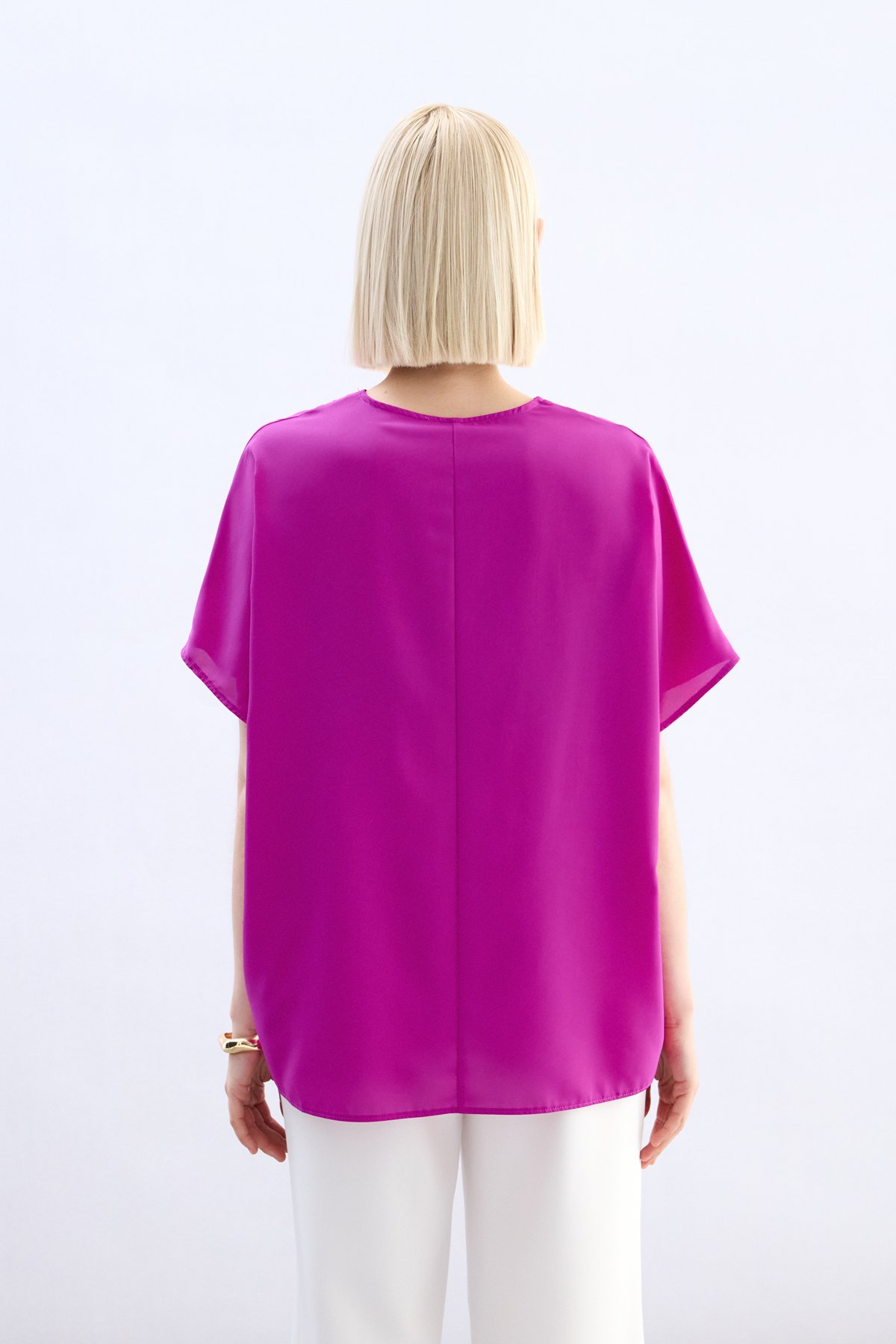 Geniş Kısa Kollu Bluz - Fuşya