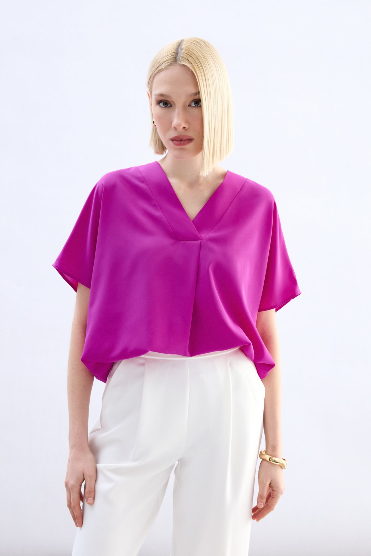 Geniş Kısa Kollu Bluz - Fuşya