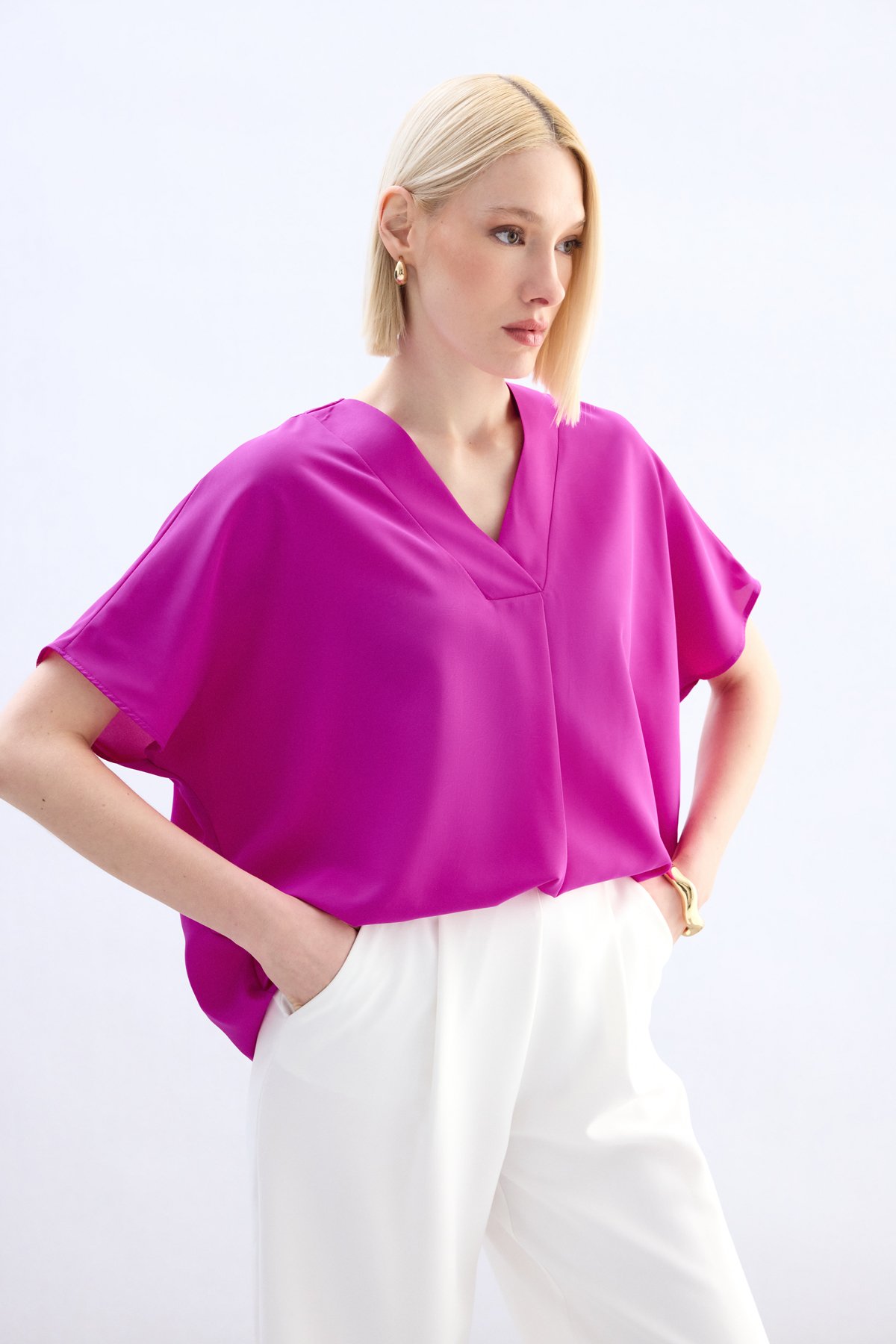 Geniş Kısa Kollu Bluz - Fuşya