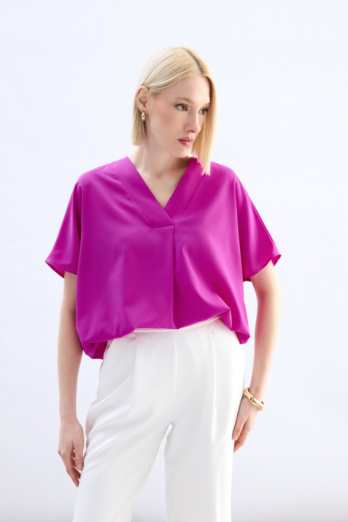 Geniş Kısa Kollu Bluz - Fuşya