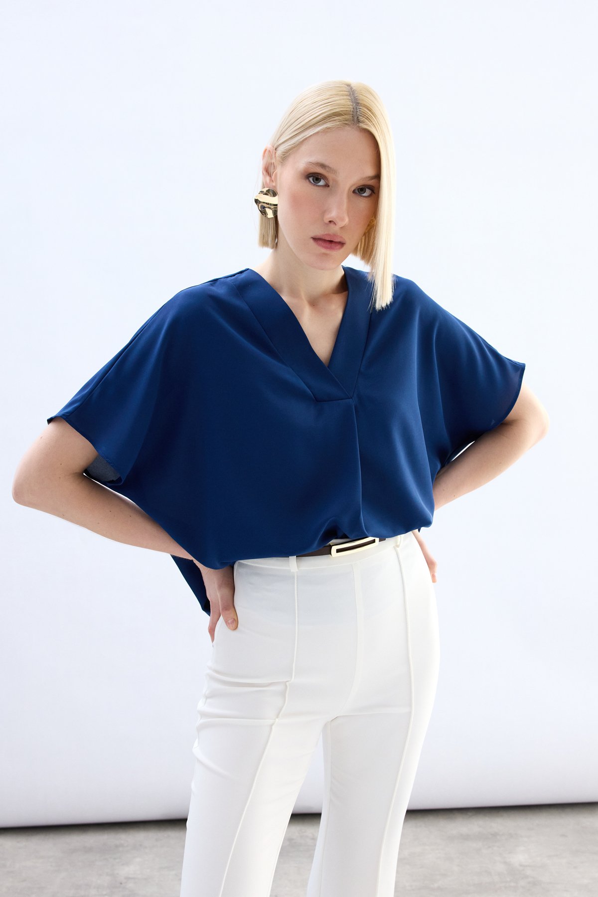 Geniş Kısa Kollu Bluz - İndigo