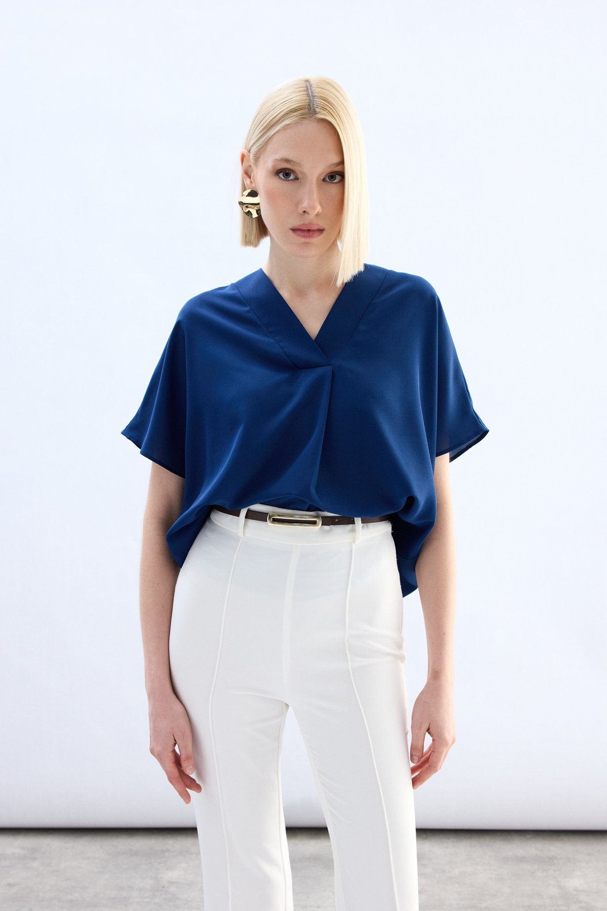 Geniş Kısa Kollu Bluz - İndigo