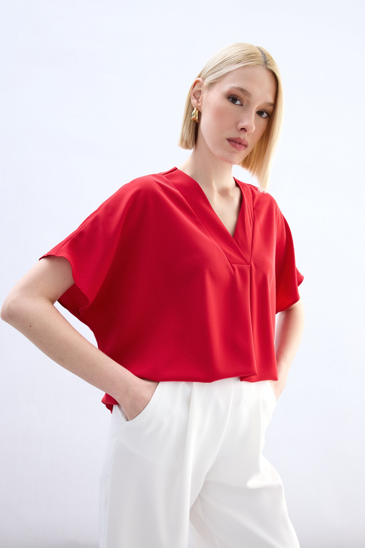 Geniş Kısa Kollu Bluz - Kırmızı