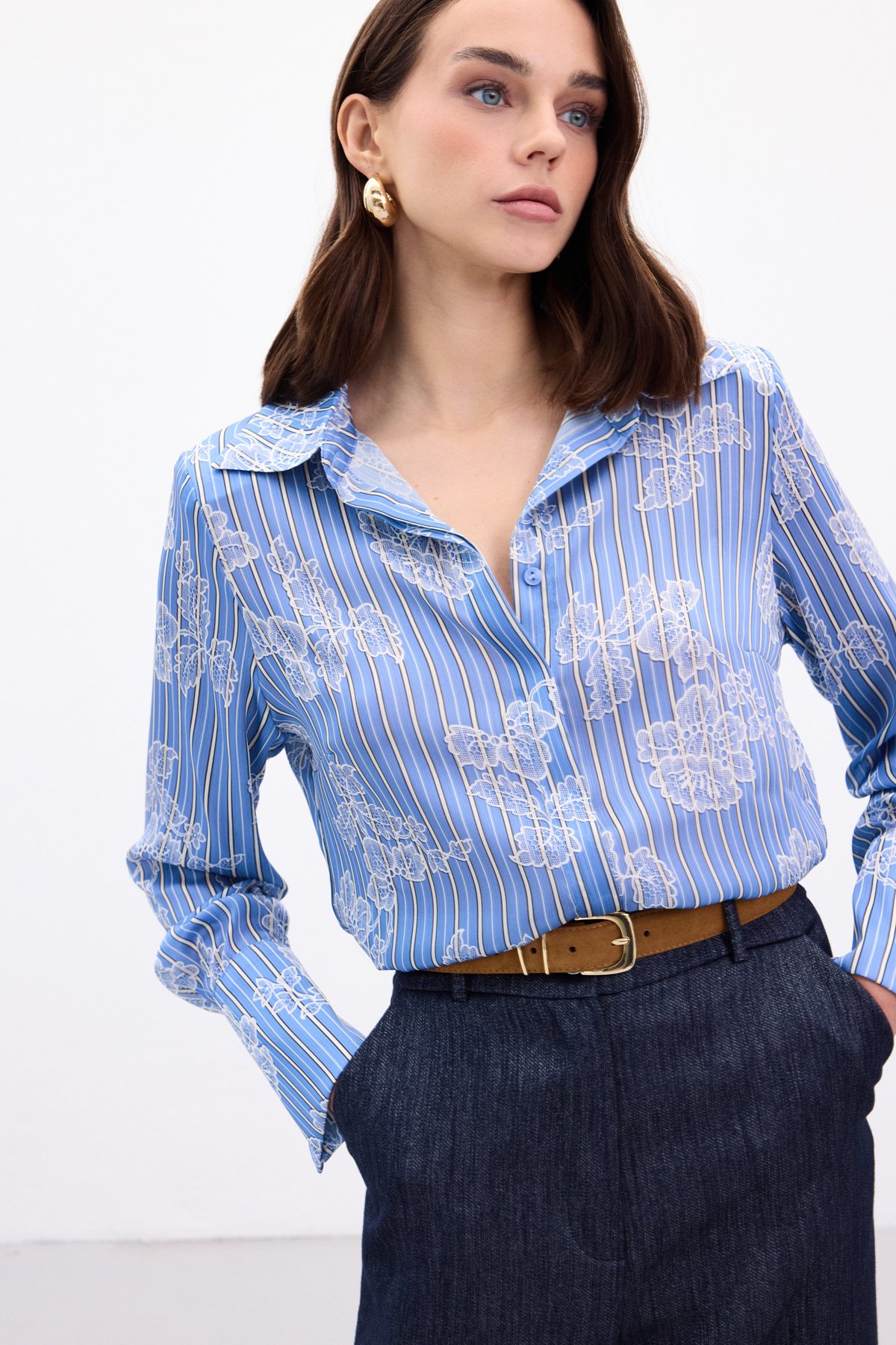 Geniş Manşetli Gömlek - Mavi