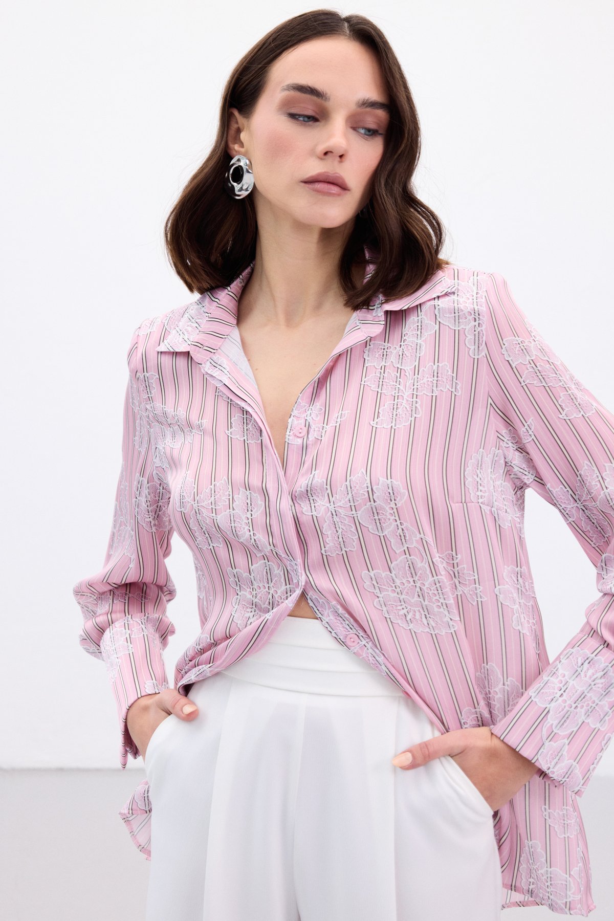 Geniş Manşetli Gömlek - Pembe