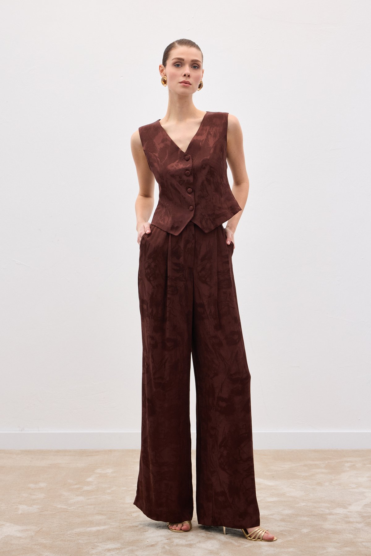 Jakarlı Bol Pantolon - Kahve