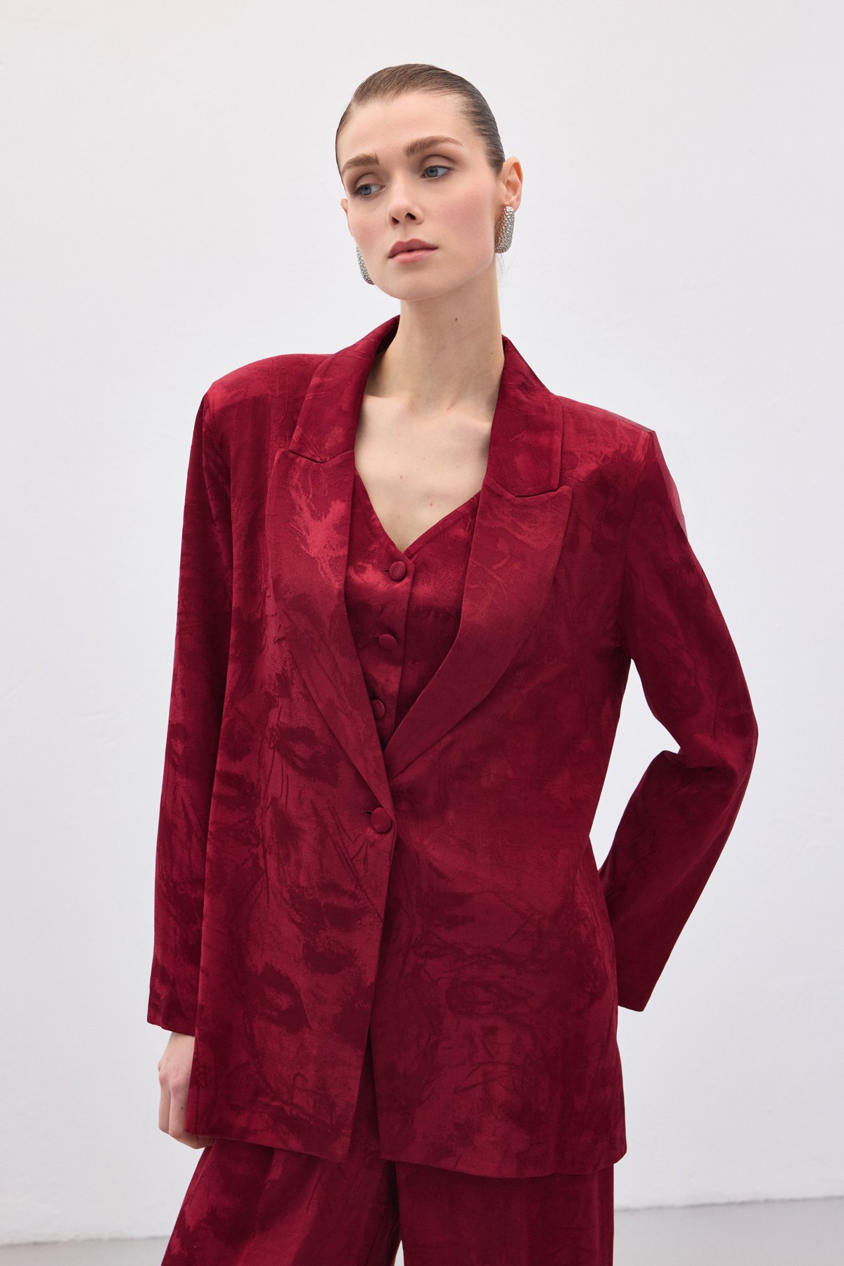 Jakarlı Uzun Ceket - Bordo