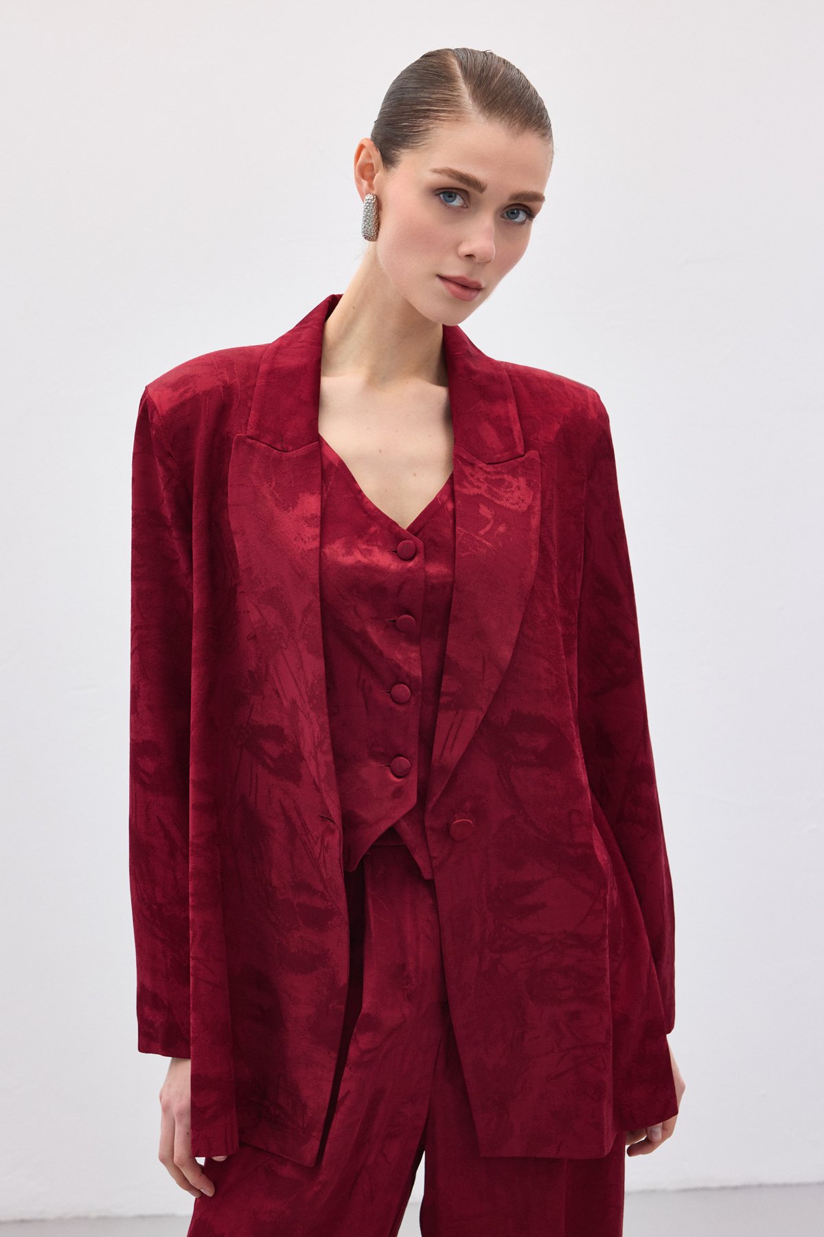 Jakarlı Uzun Ceket - Bordo