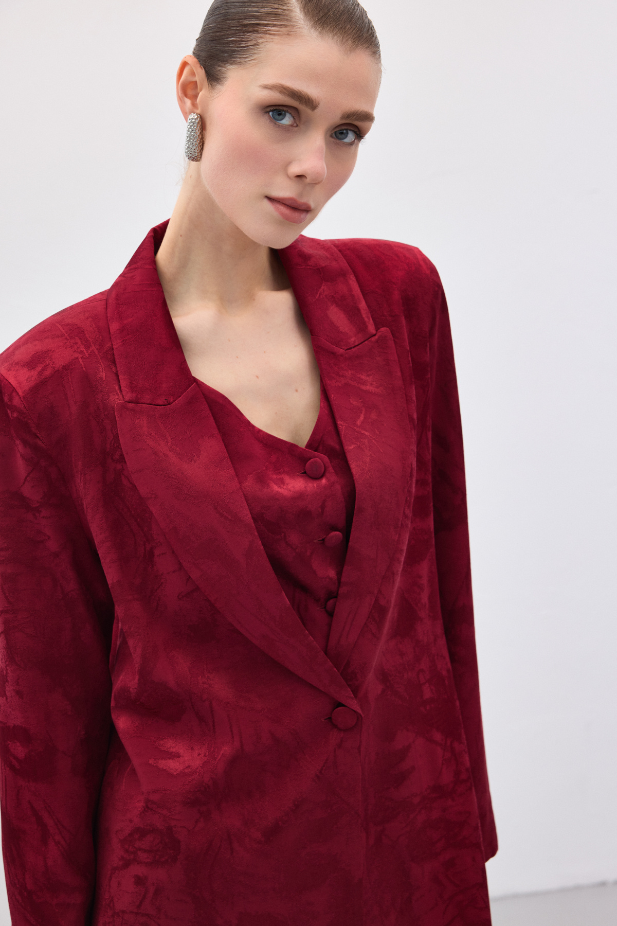 Jakarlı Uzun Ceket - Bordo