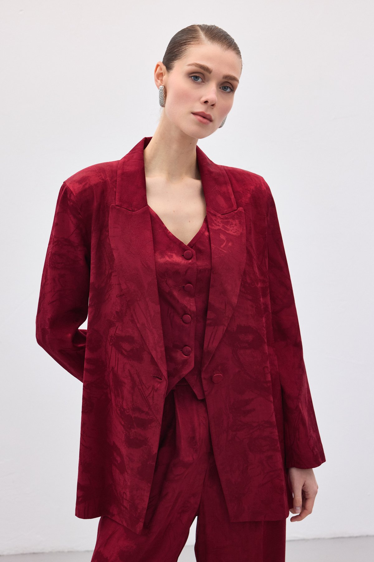 Jakarlı Uzun Ceket - Bordo