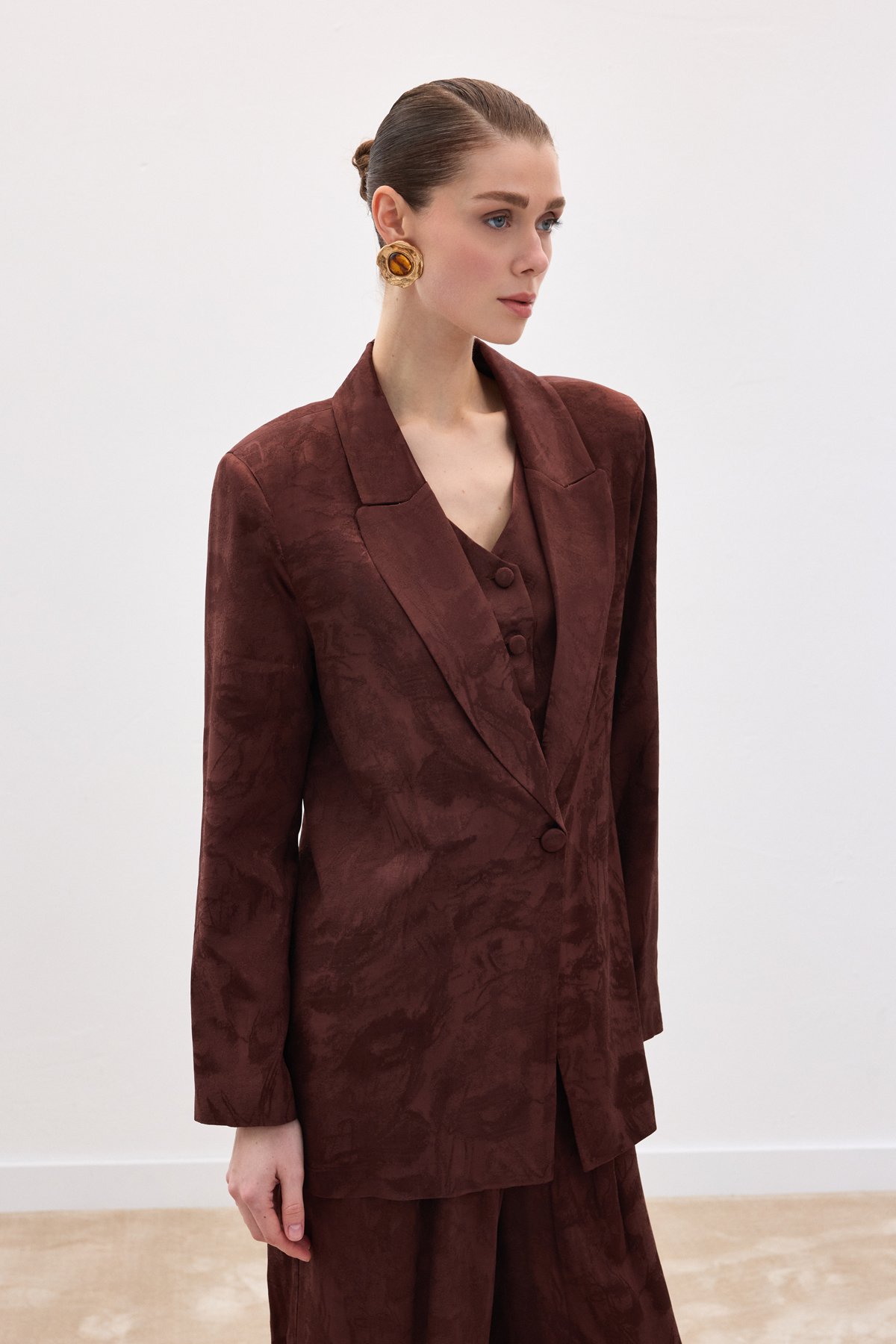 Jakarlı Uzun Ceket - Kahve