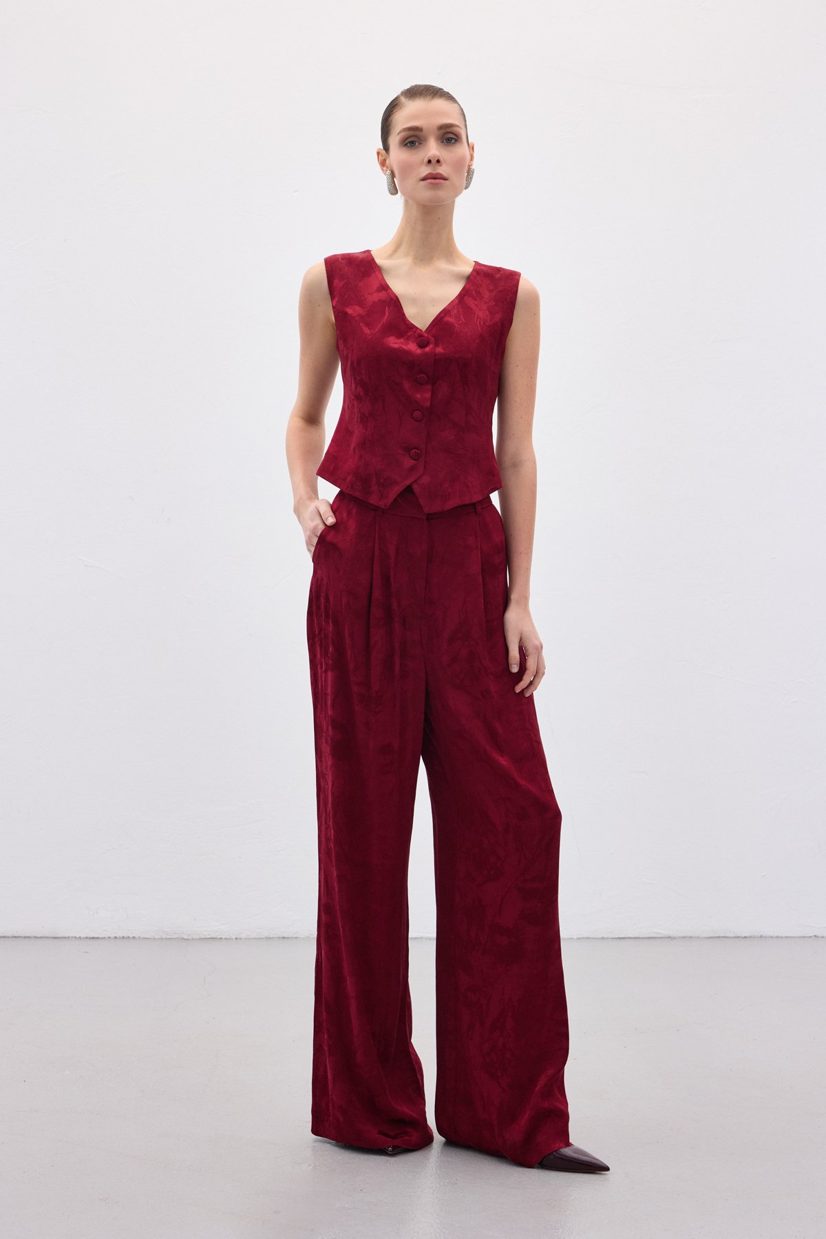 Jakarlı Yelek - Bordo