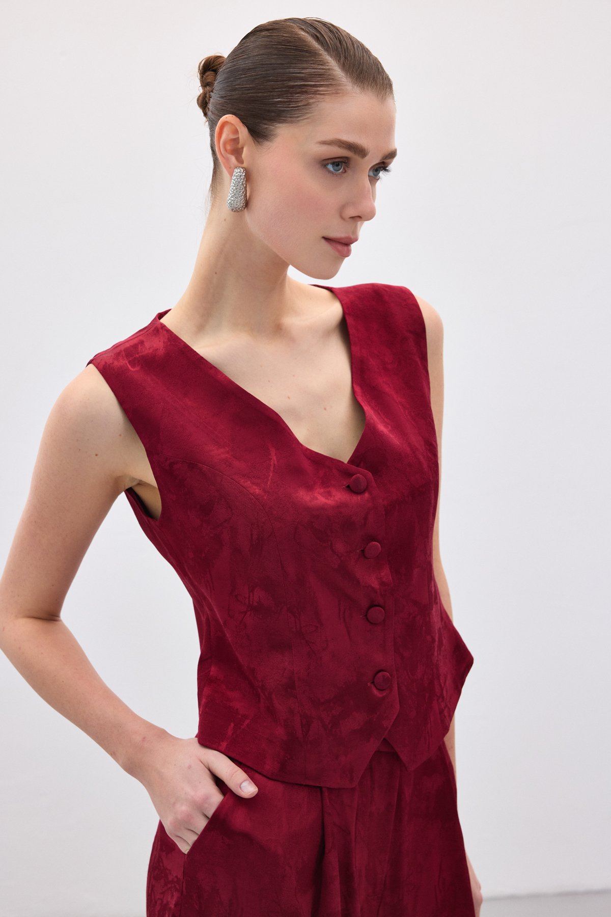 Jakarlı Yelek - Bordo