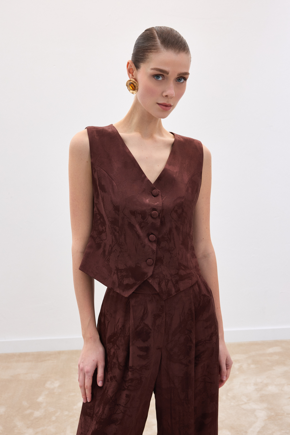 Jakarlı Yelek - Kahve