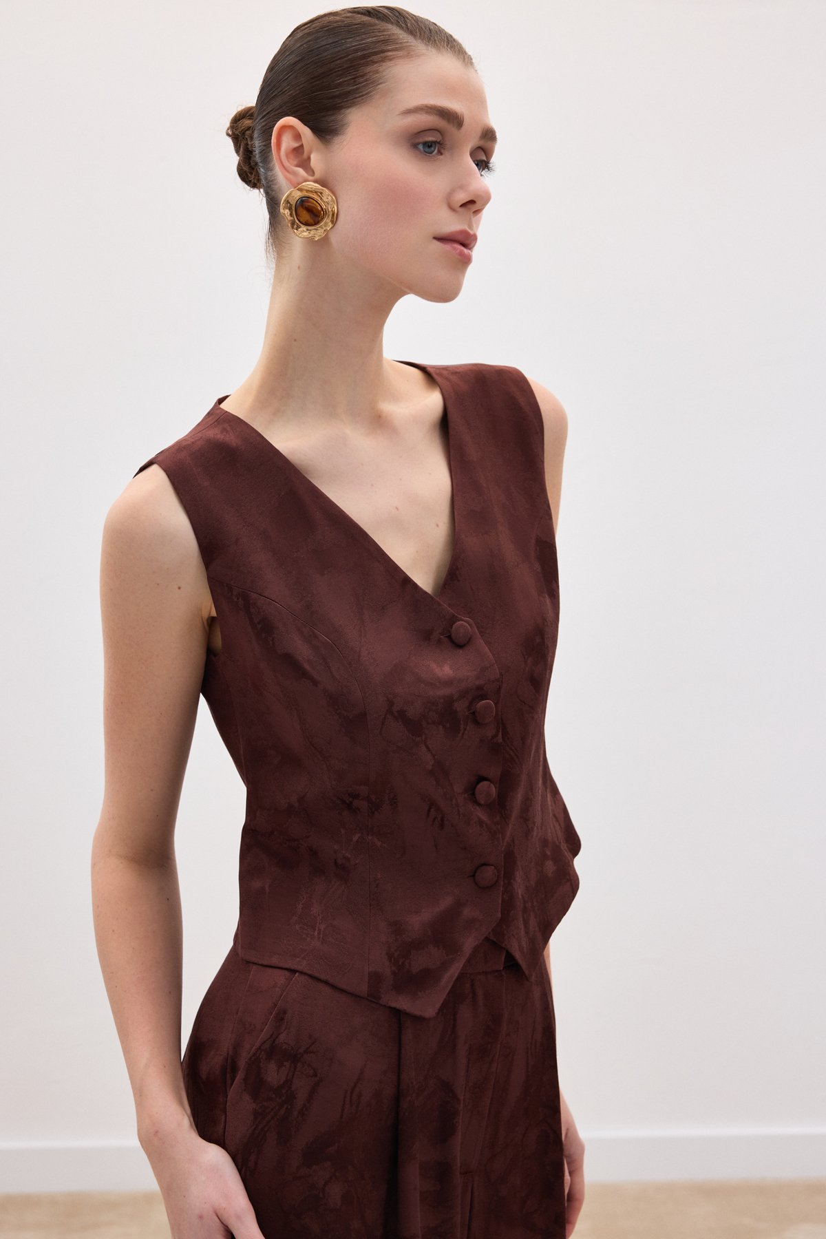 Jakarlı Yelek - Kahve