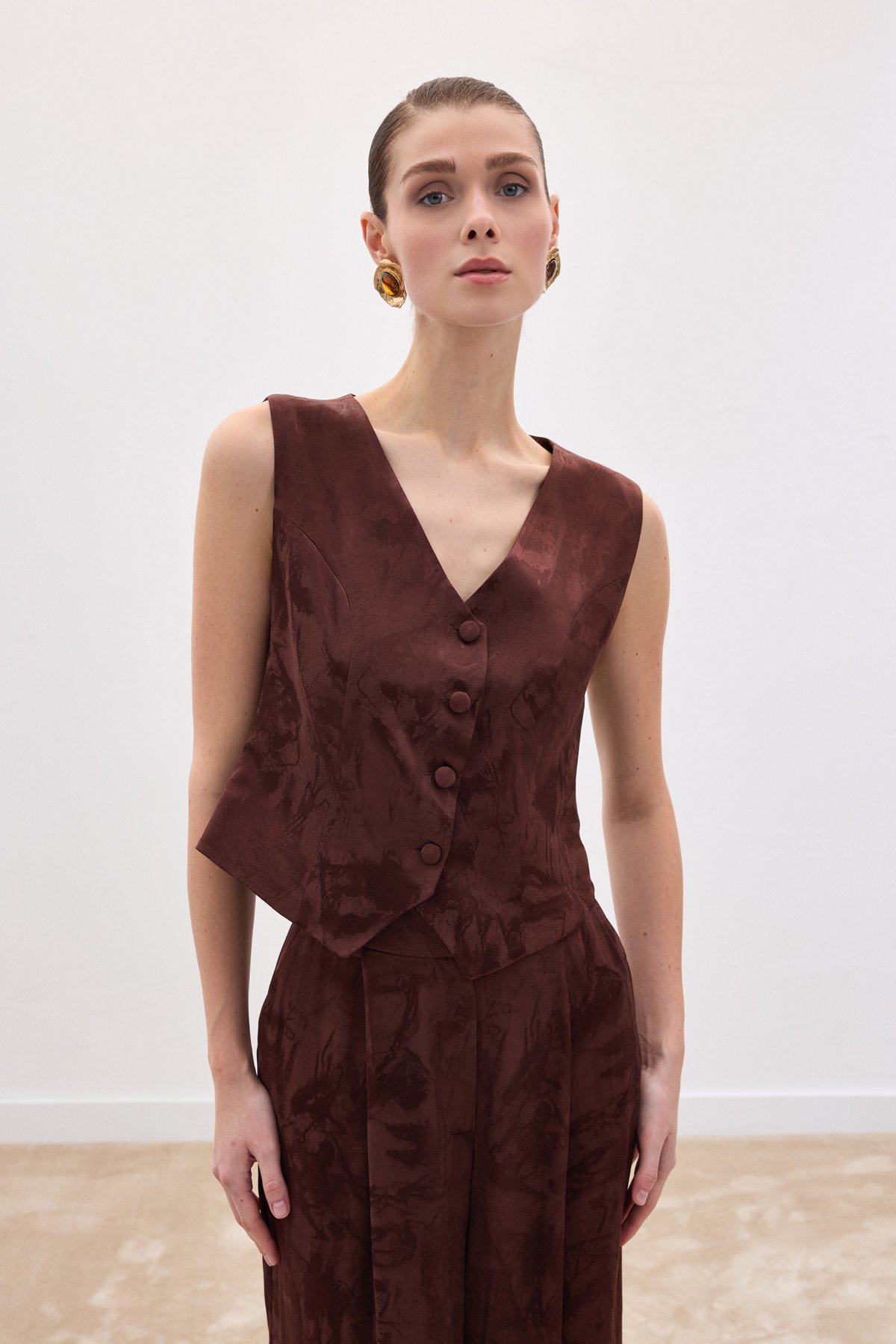 Jakarlı Yelek - Kahve