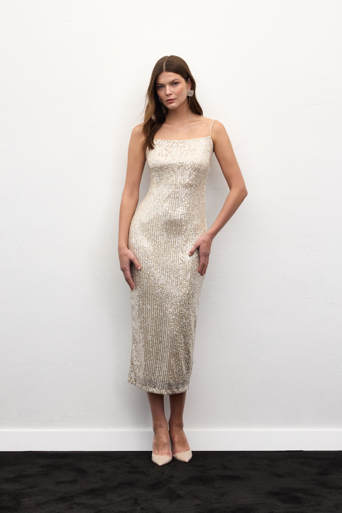 Kadife Payetli Uzun Elbise - Gümüş