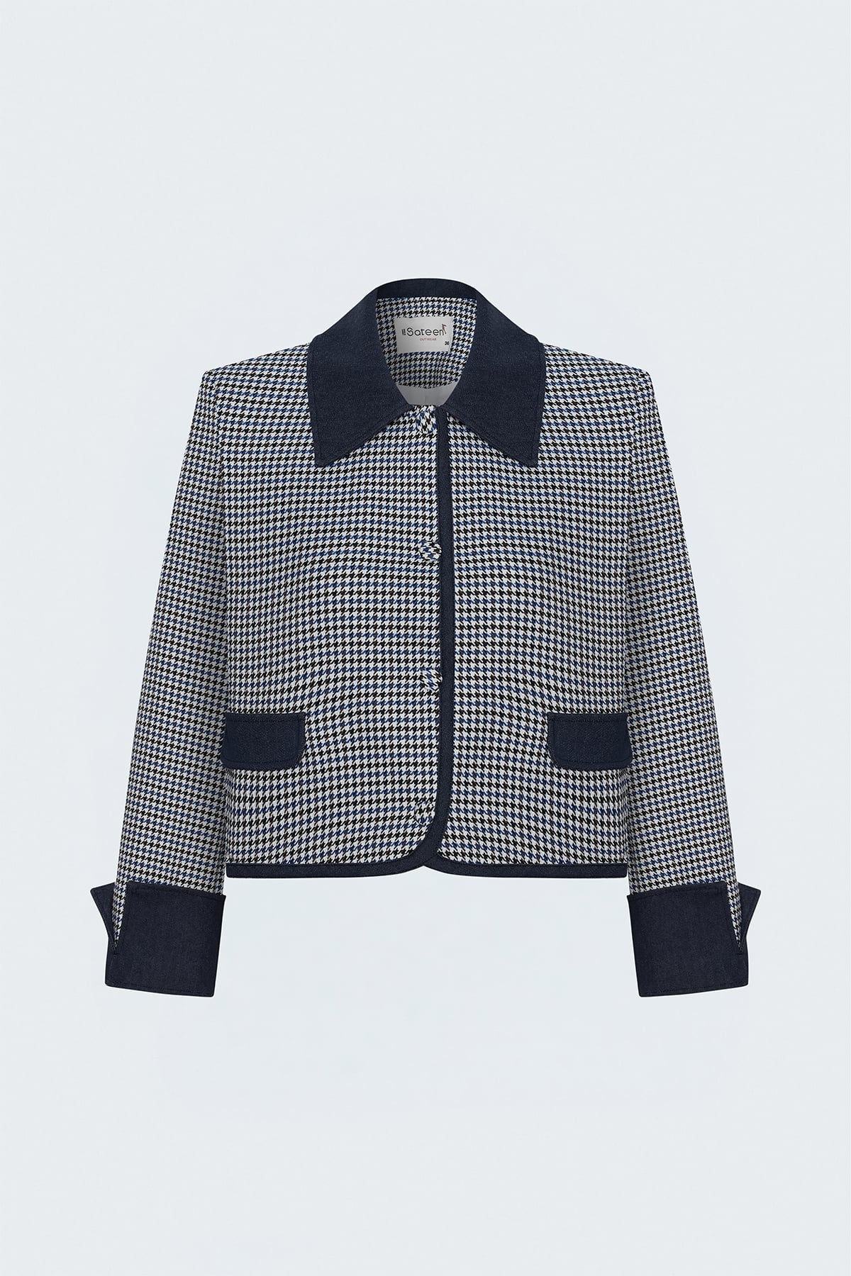 Kazayağı Desenli Denim Detaylı Ceket - Mavi
