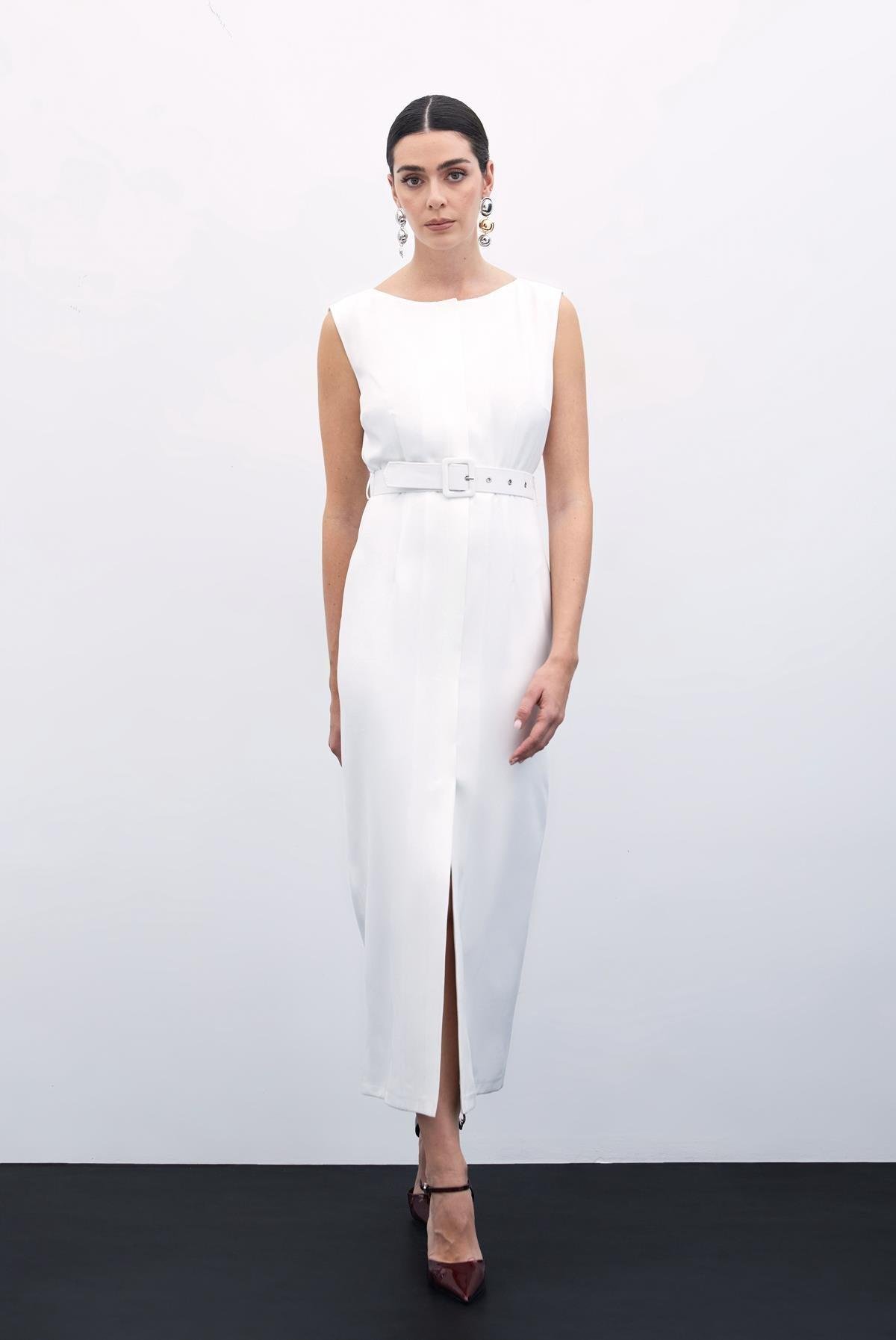 Kemerli Kalem Elbise - Ekru