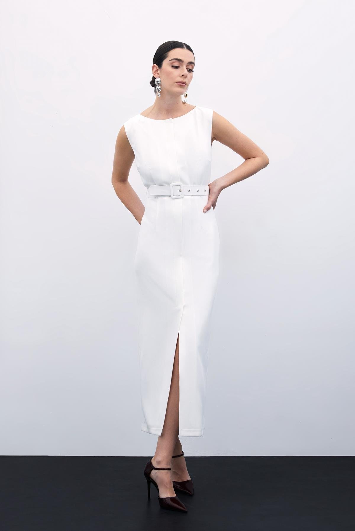 Kemerli Kalem Elbise - Ekru