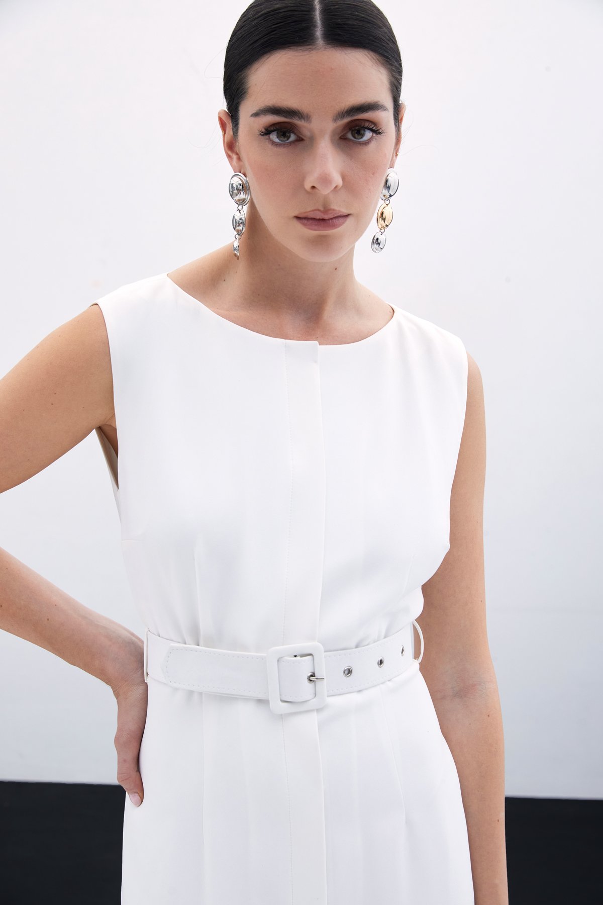 Kemerli Kalem Elbise - Ekru