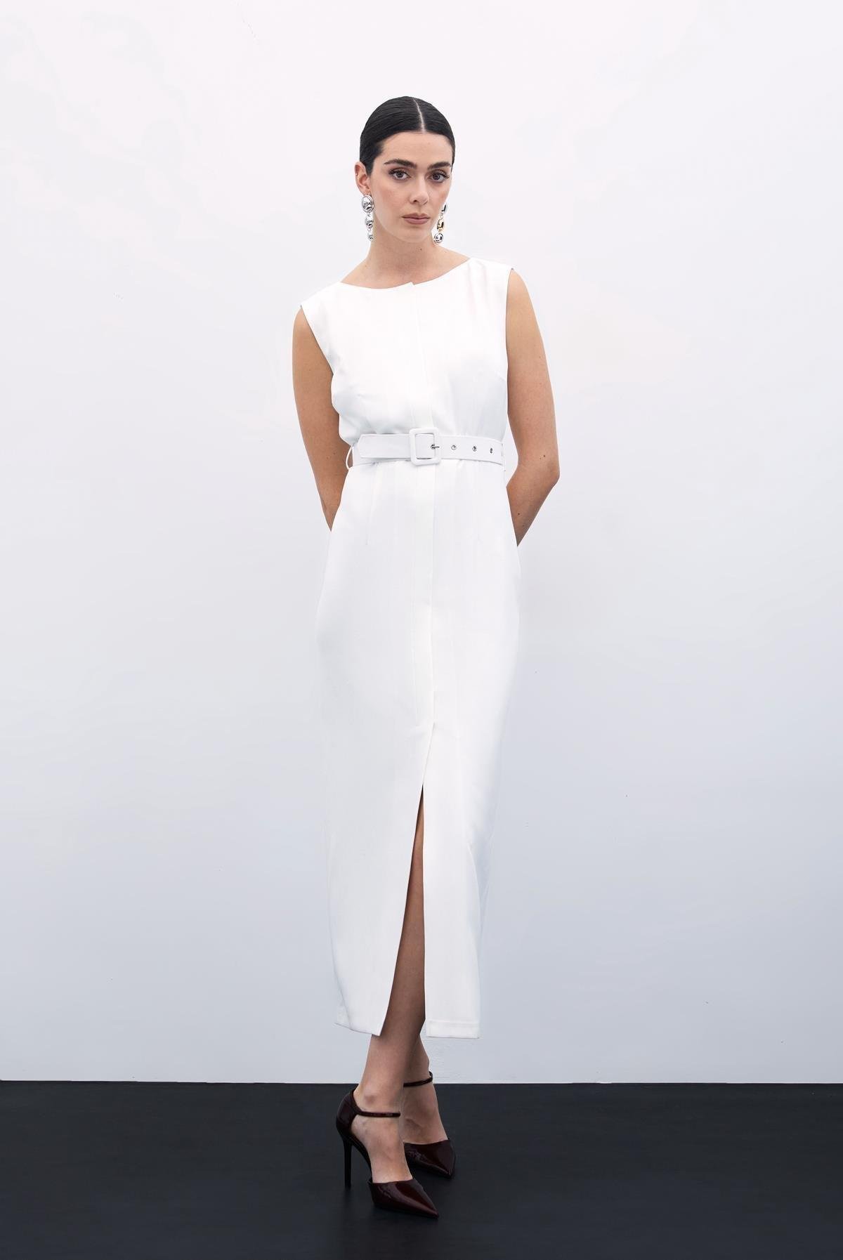 Kemerli Kalem Elbise - Ekru