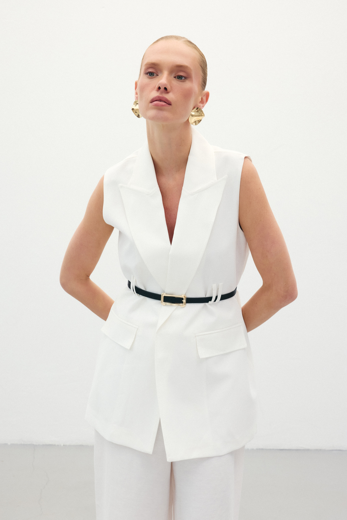 Kemerli Keten Yelek - Ekru