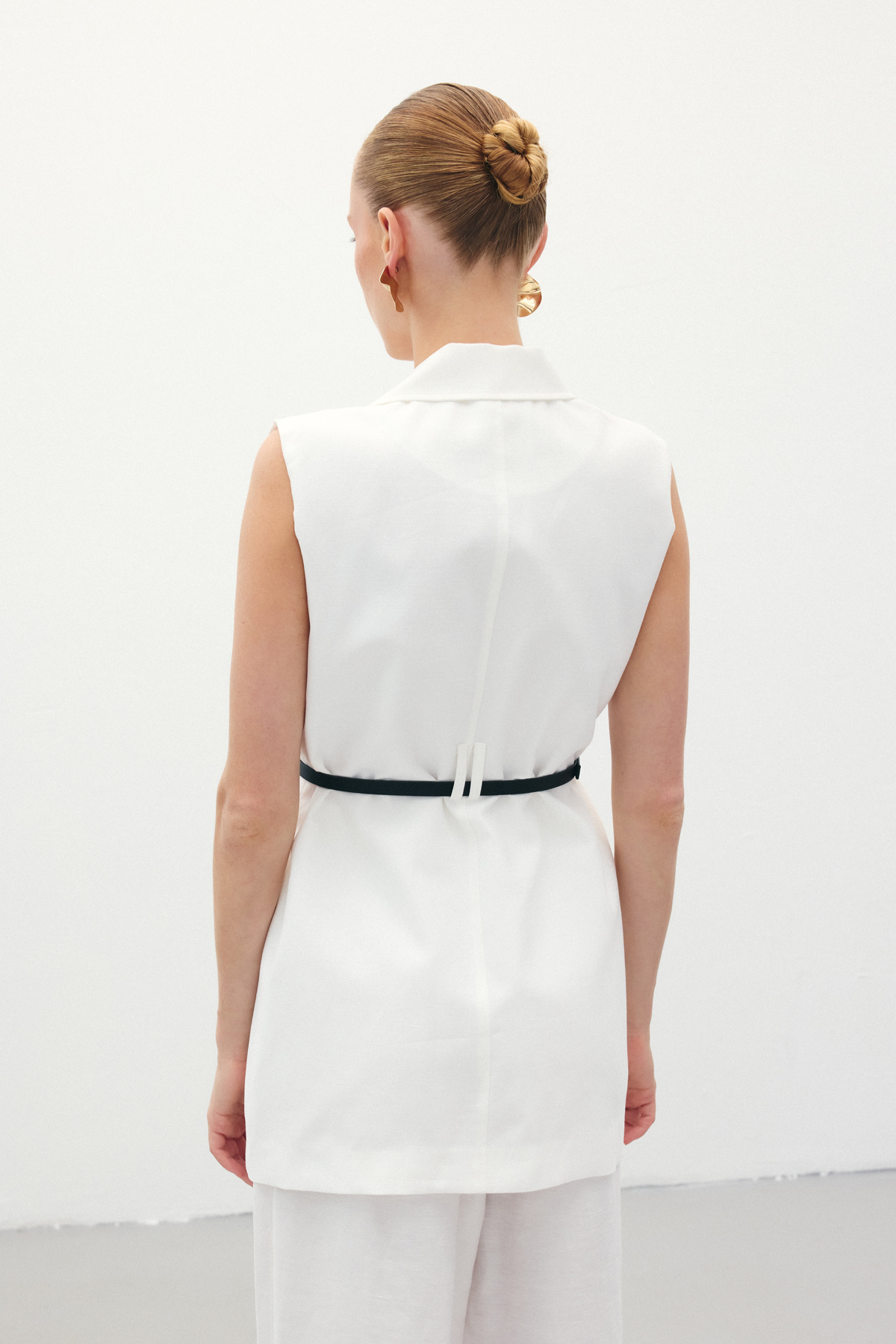 Kemerli Keten Yelek - Ekru