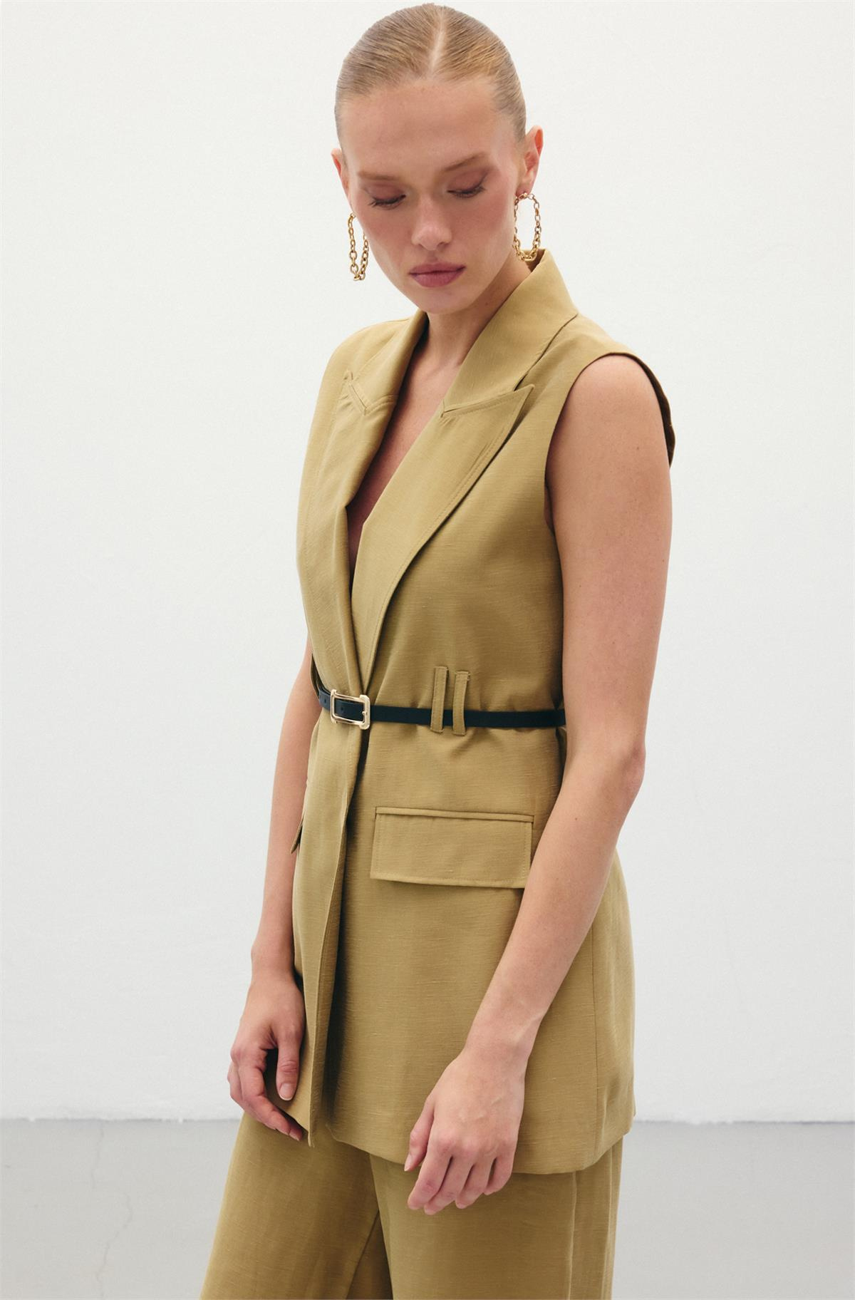 Kemerli Keten Yelek - Haki