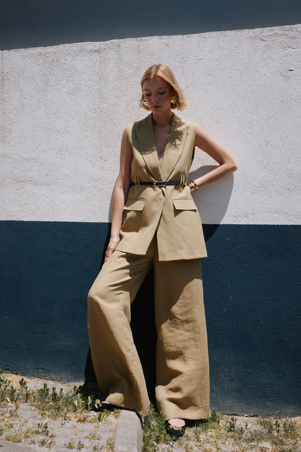 Kemerli Keten Yelek - Haki