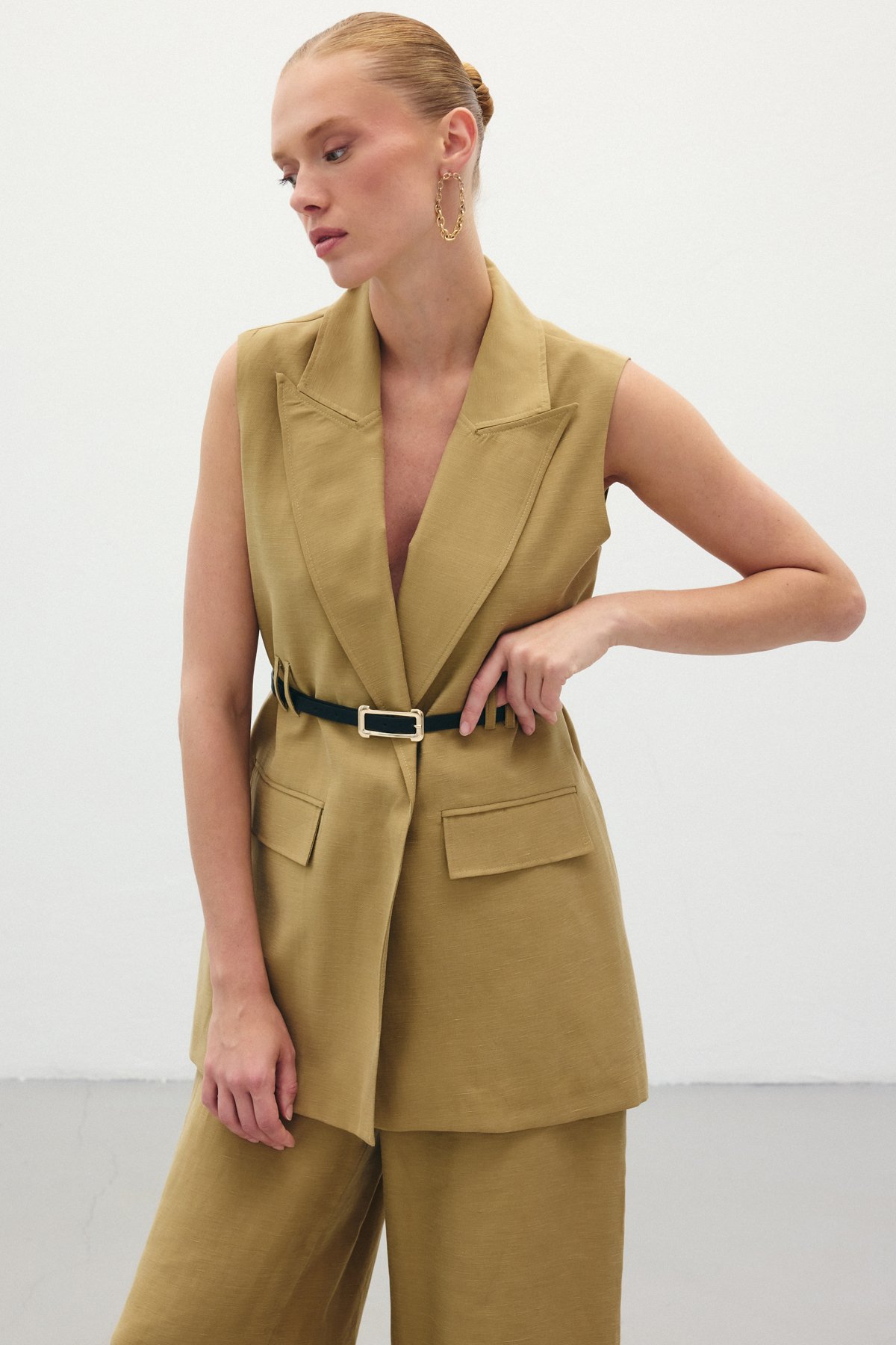 Kemerli Keten Yelek - Haki