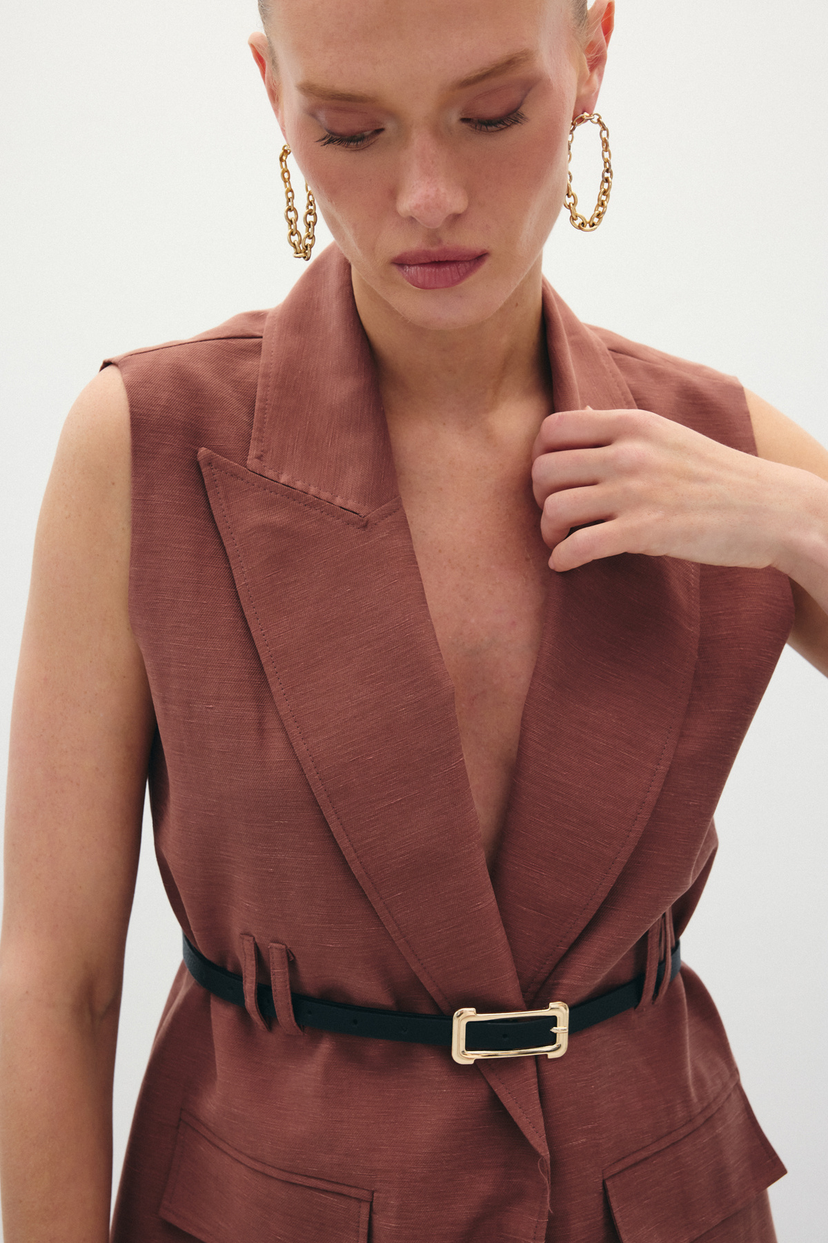 Kemerli Keten Yelek - Kahve