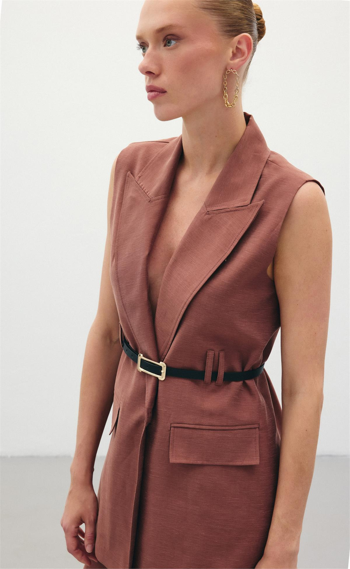 Kemerli Keten Yelek - Kahve