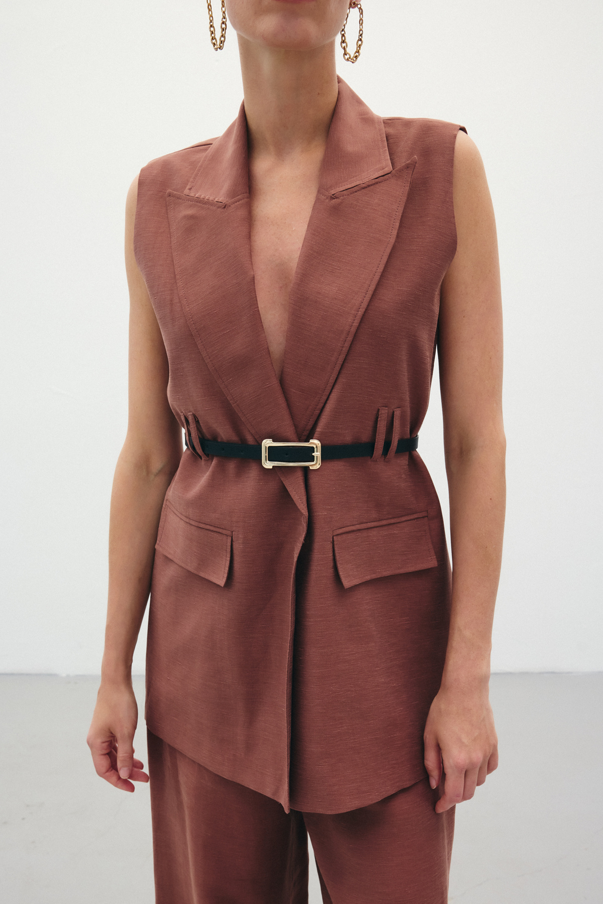 Kemerli Keten Yelek - Kahve