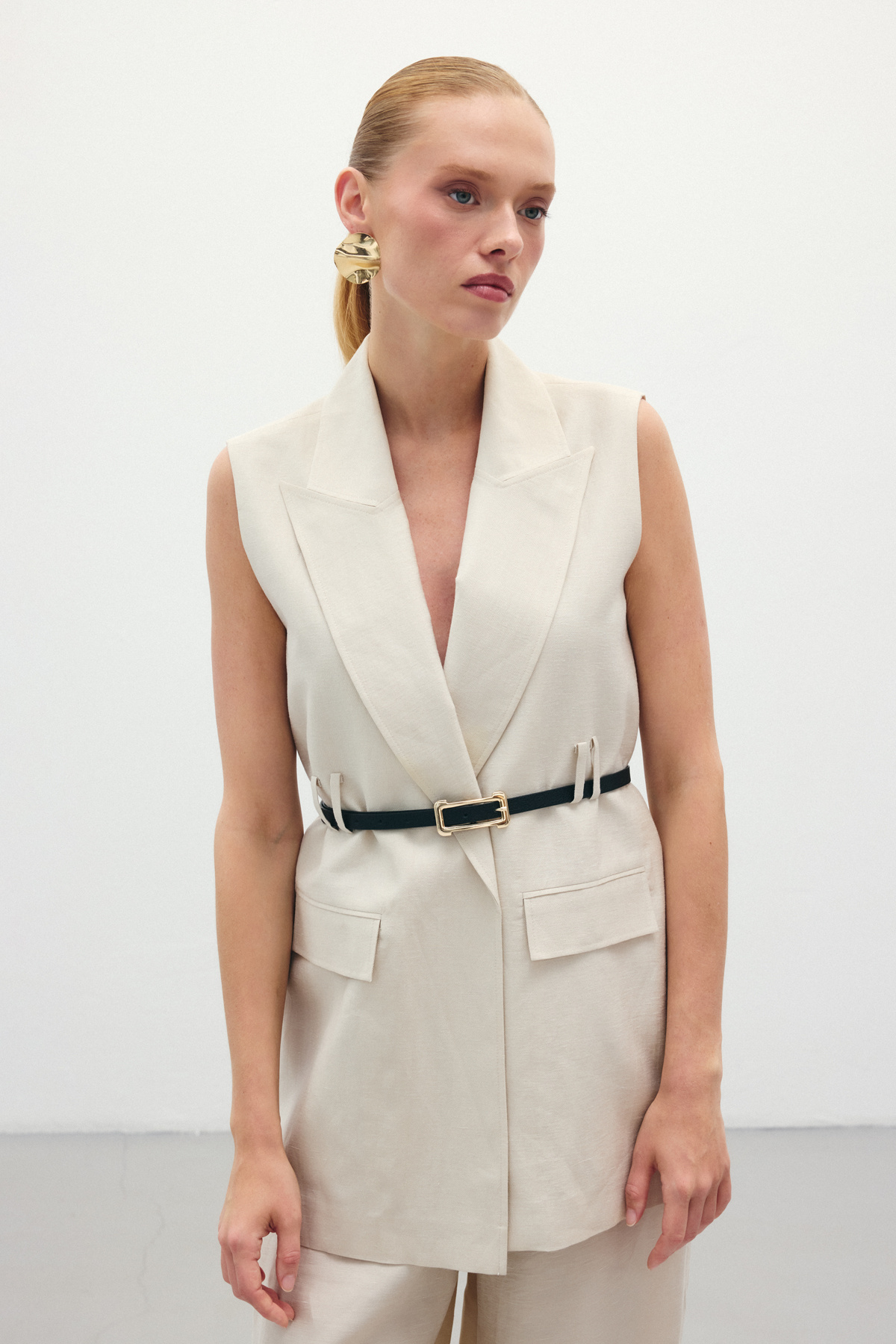 Kemerli Keten Yelek - Taş