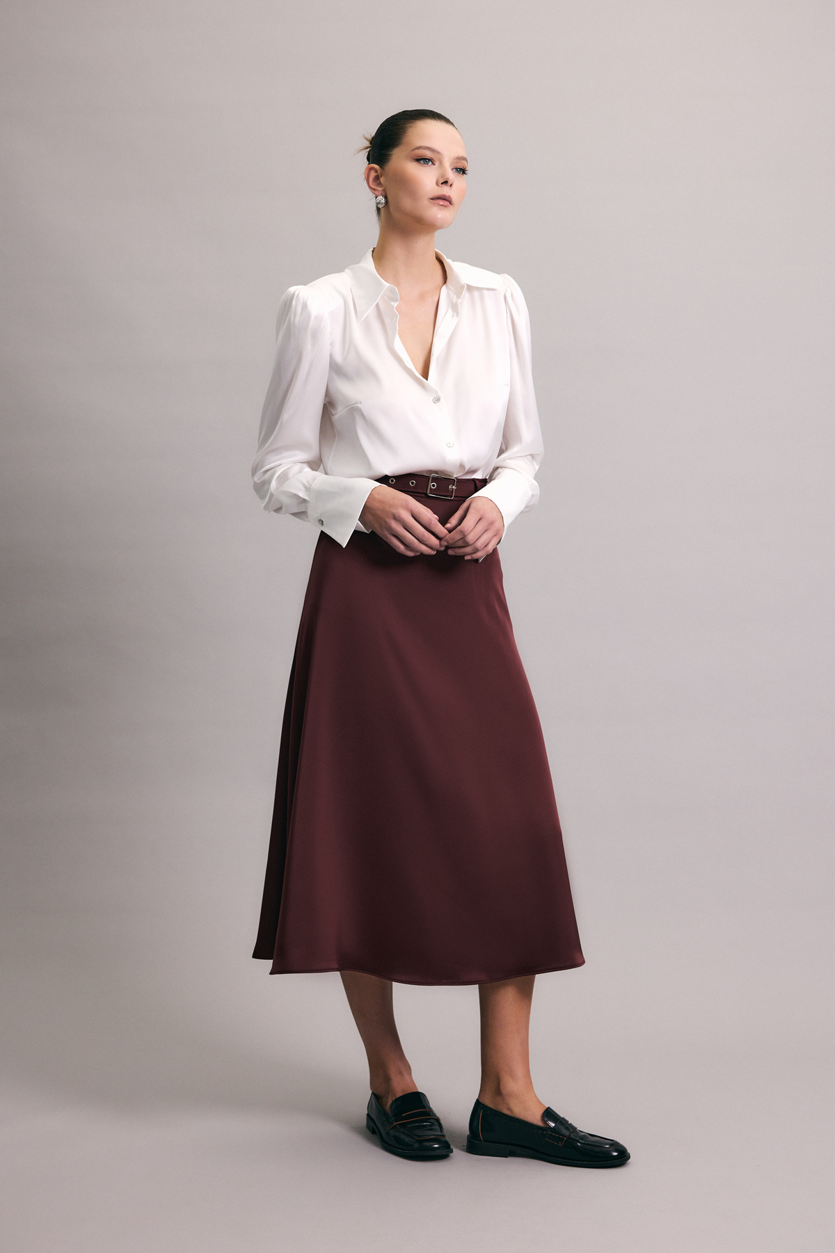 Kemerli Saten Etek - Bordo