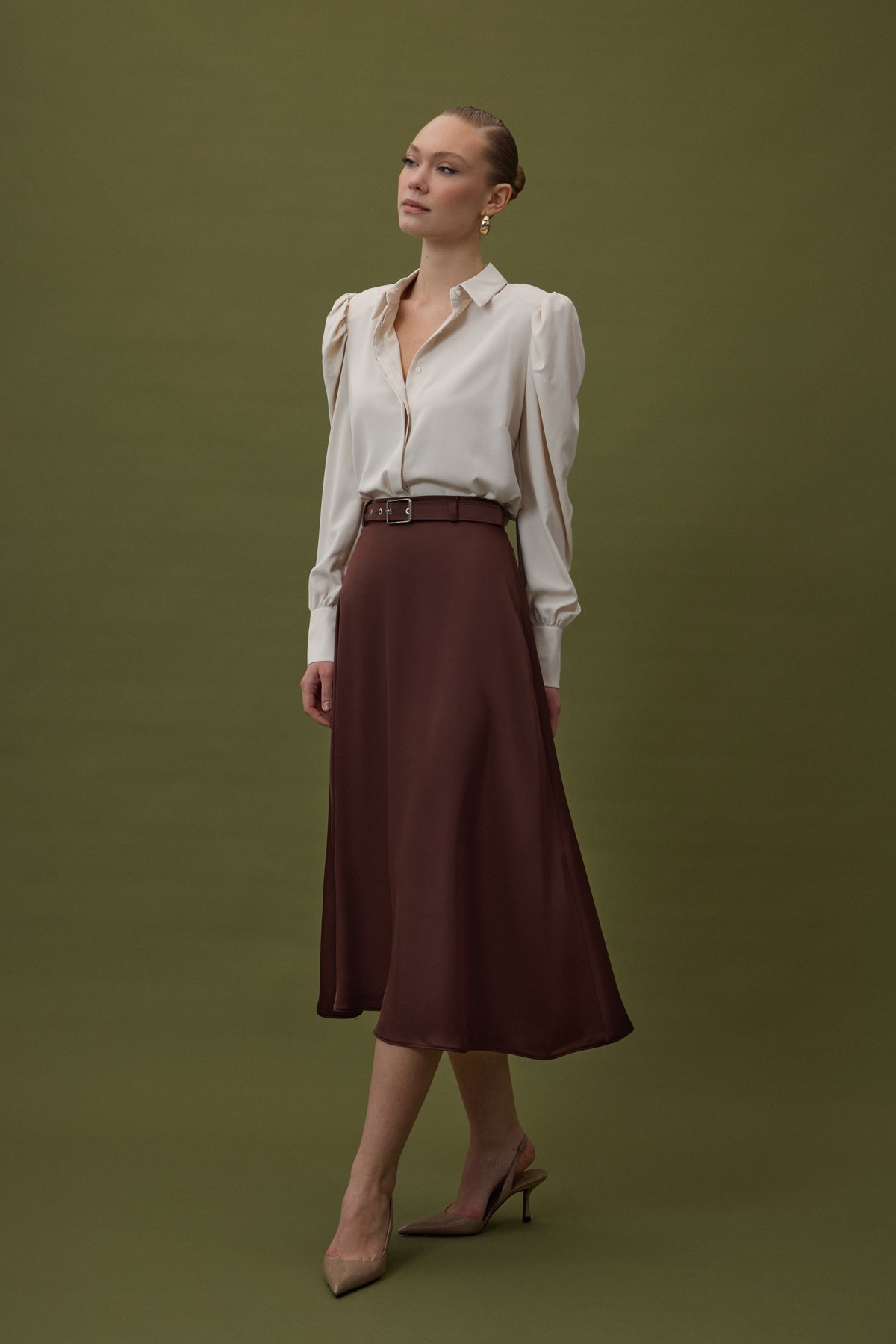 Kemerli Saten Etek - Kahve