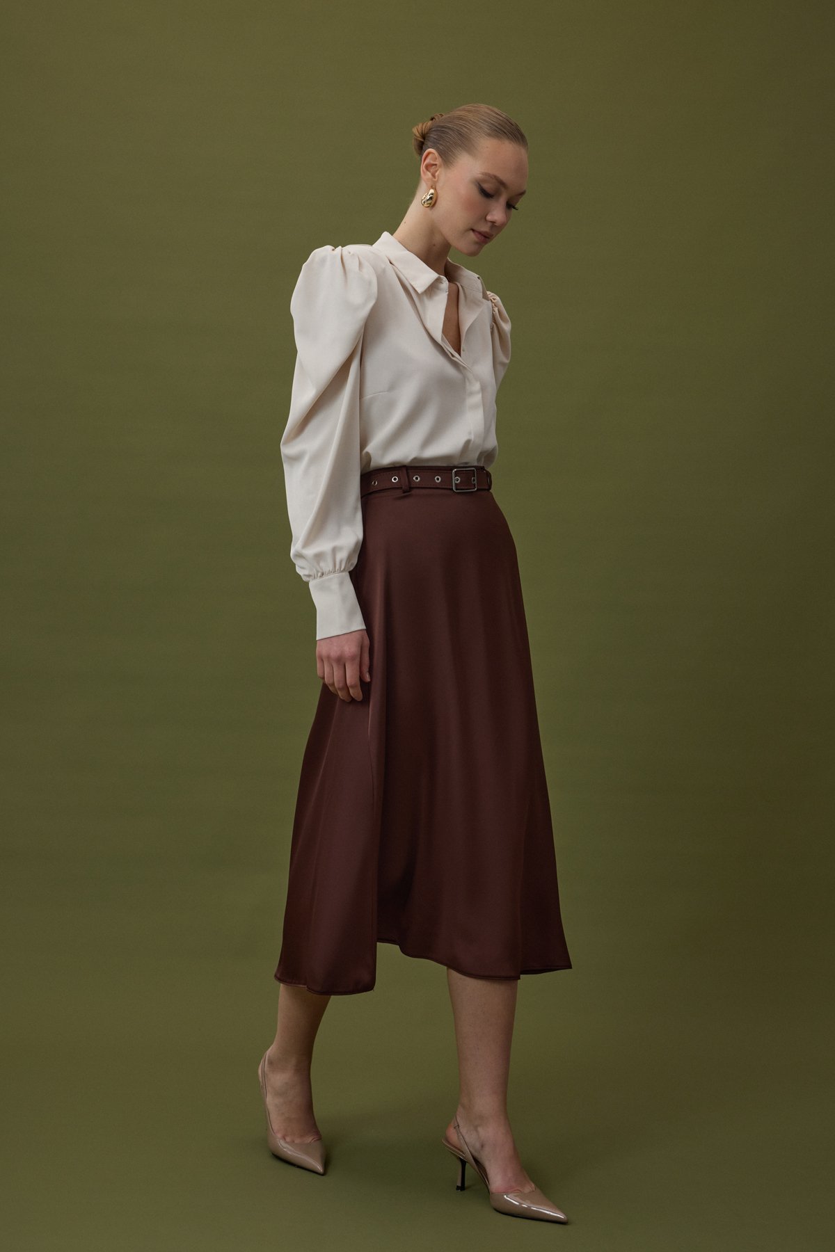 Kemerli Saten Etek - Kahve