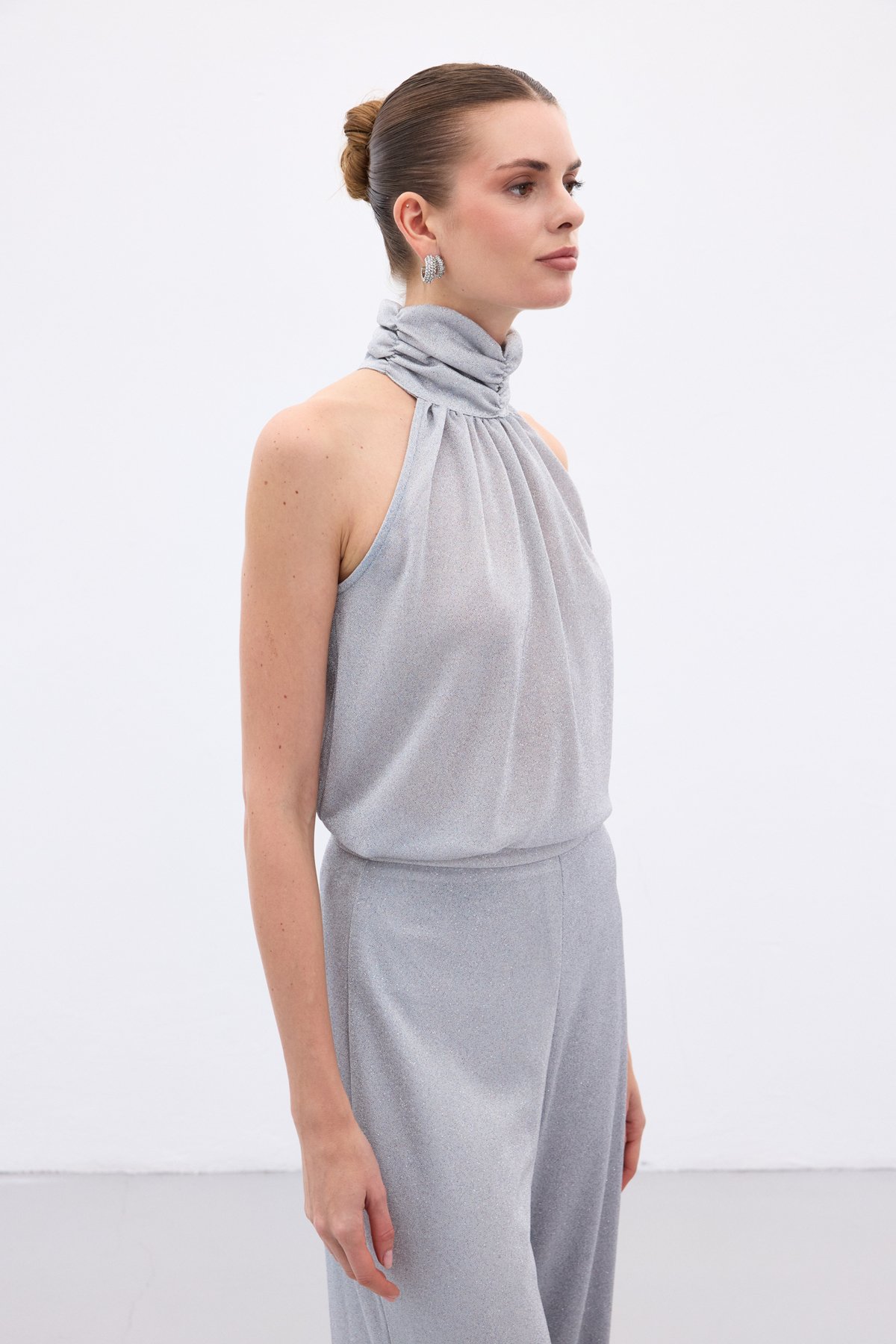 Kolsuz Parlak Bluz - Gümüş