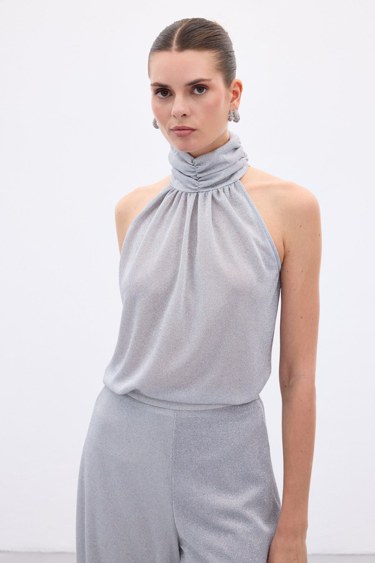 Kolsuz Parlak Bluz - Gümüş