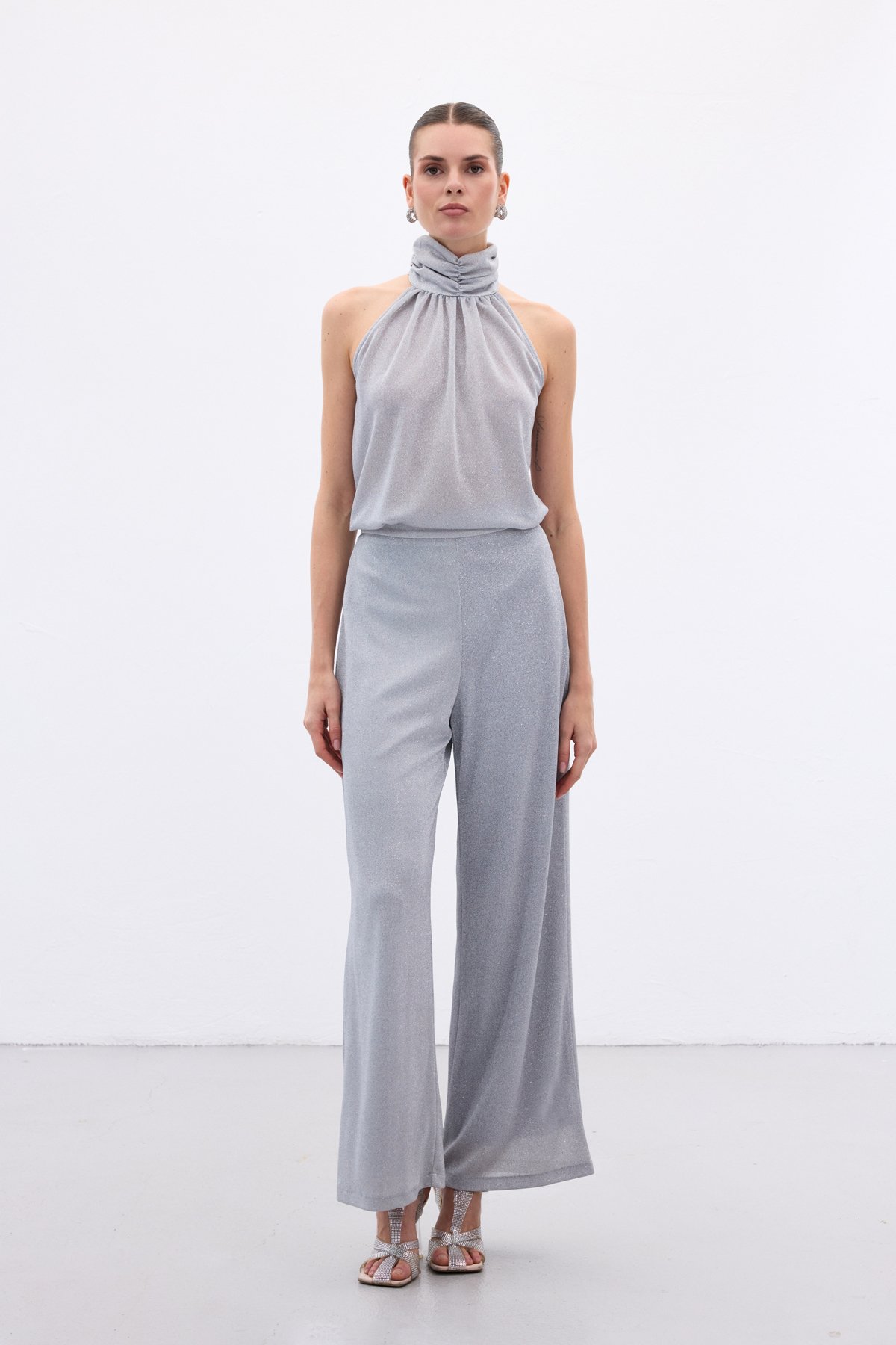 Kolsuz Parlak Bluz - Gümüş